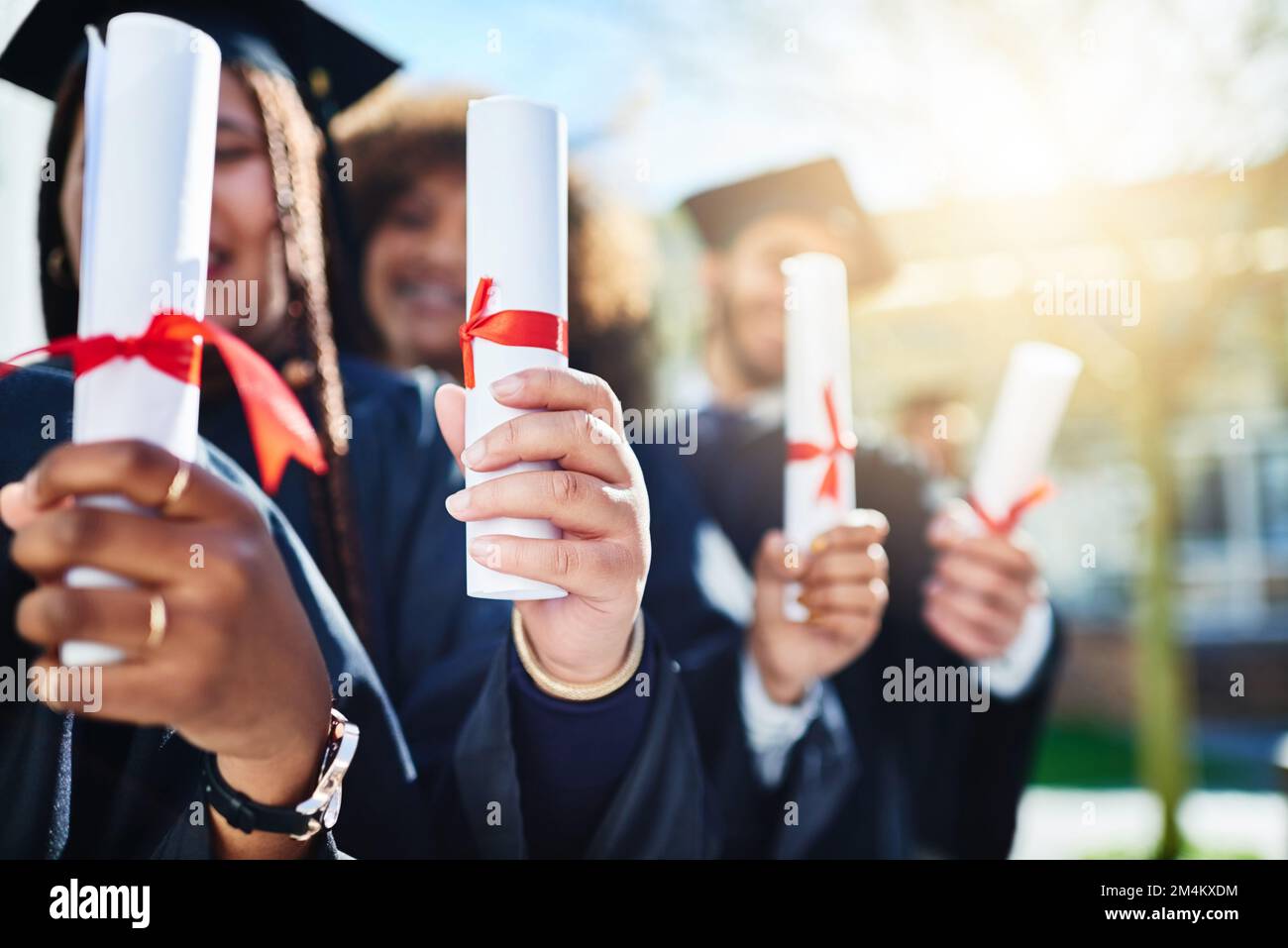 Abbiamo lavorato sodo per questo pezzo di carta. un gruppo di studenti che tengono i loro diplomi il giorno della laurea. Foto Stock