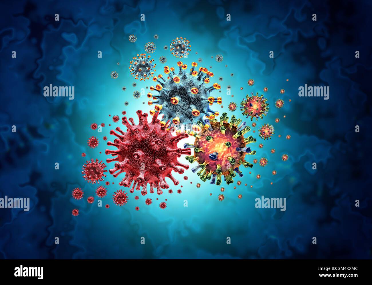 Tripledemic Covid Flu e RSV o virus respiratorio sinciziale con tre cellule patogene pericolose cellule di malattia infettiva come un'illustrazione 3D. Foto Stock
