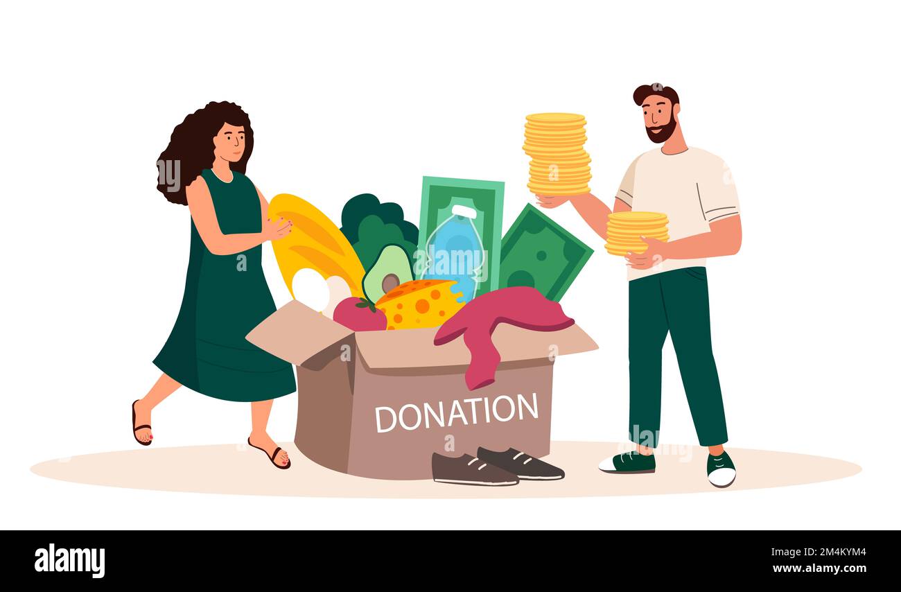 Persone donando denaro, prodotti, attenzione, cibo, abbigliamento, shoes.Humanitarian Aid, carità, sostegno e donazione concept.charitable help.Philanthropy.Flat Foto Stock