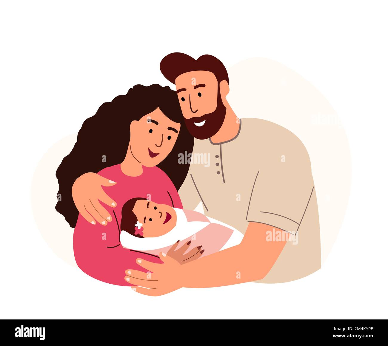 Genitori madre e padre che tiene neonato baby.Happy genitore.Famiglia ritratto con nuovo nato bambino.moglie, marito con bambino in mani.Flat grafica Vect Foto Stock