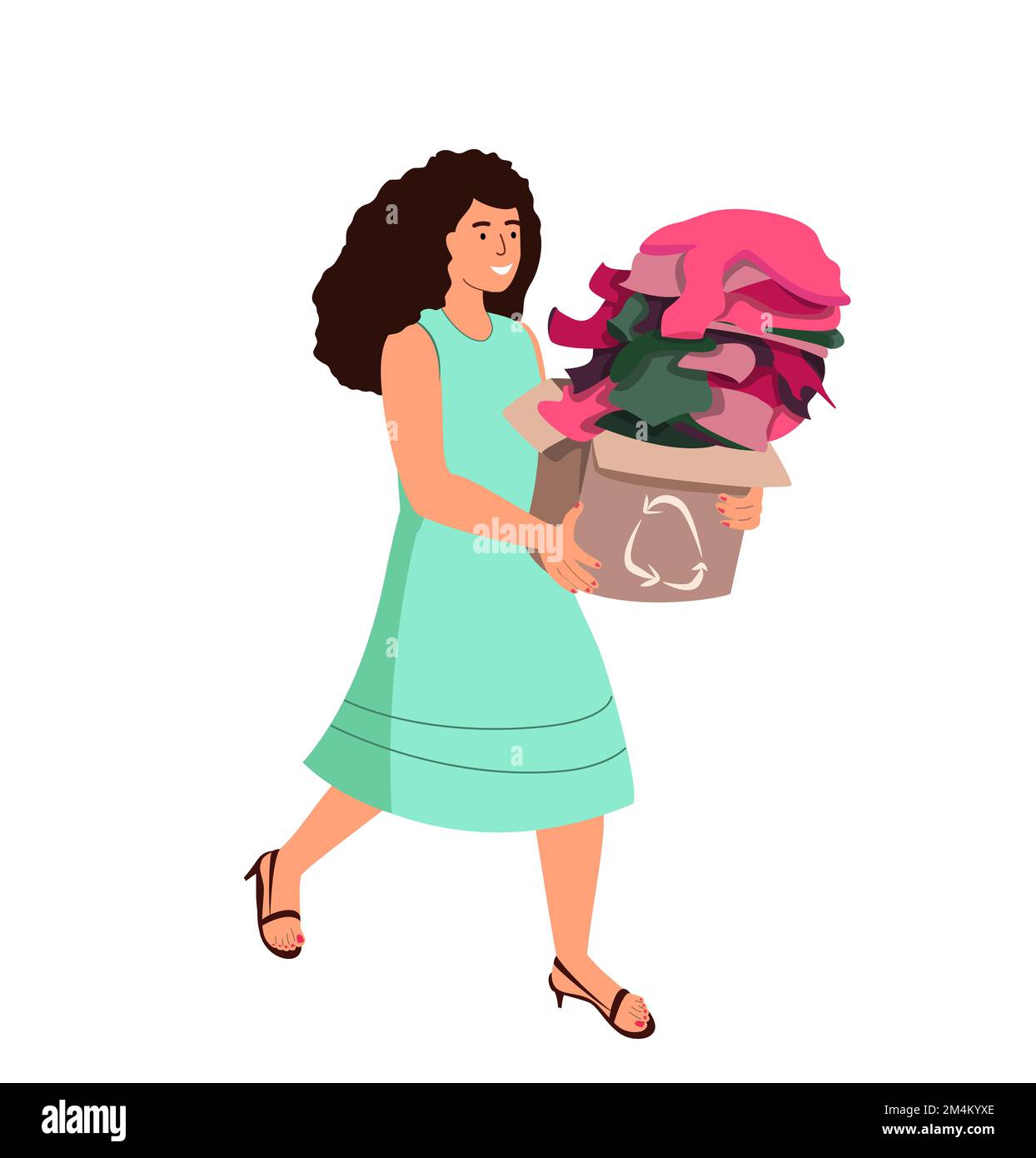 Donna scatola di trasporto con vestiti di tessile per il riciclaggio.riciclabile, ecologico, moda sostenibile, marca di produzione, tecnologie verdi, clothin etico Foto Stock