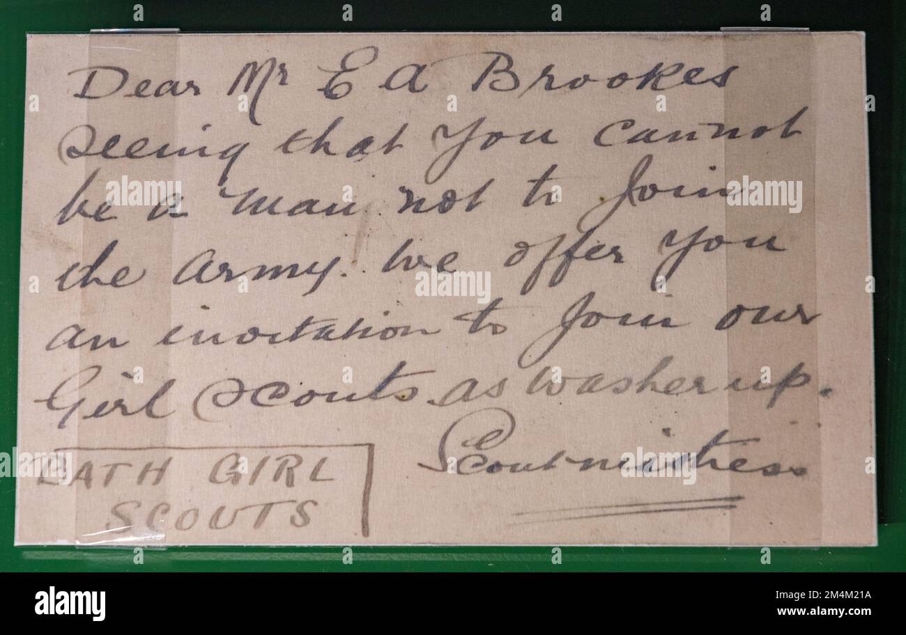 Una lettera sarcastica inviata ad un uomo che non si era Unito all'esercito durante la prima guerra mondiale (evento come to a Girl Scouts), Imperial War Museum, Londra, Regno Unito. Foto Stock