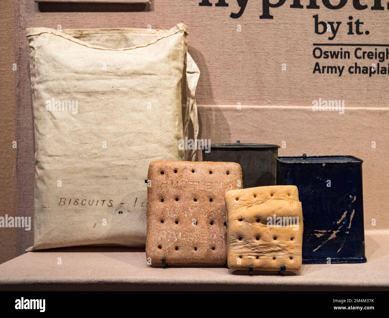 Emergenza 'razioni di ferro', composto da biscotti dell'esercito, bully beef, zucchero & tè, Imperial War Museum, Londra, REGNO UNITO. Foto Stock