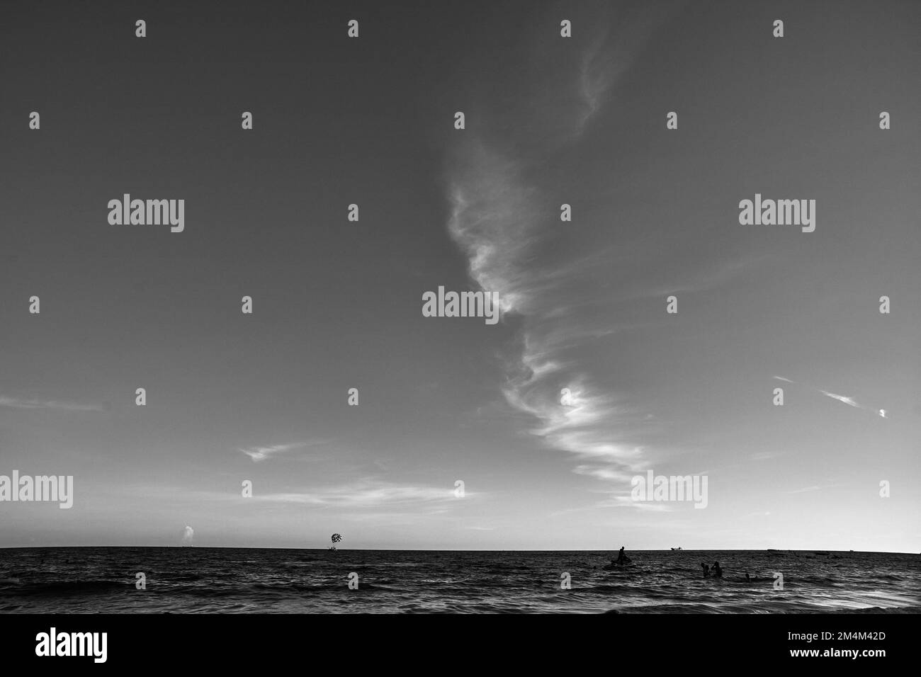Una scala di grigi di persone lontane nel mare contro un cielo senza nuvole Foto Stock