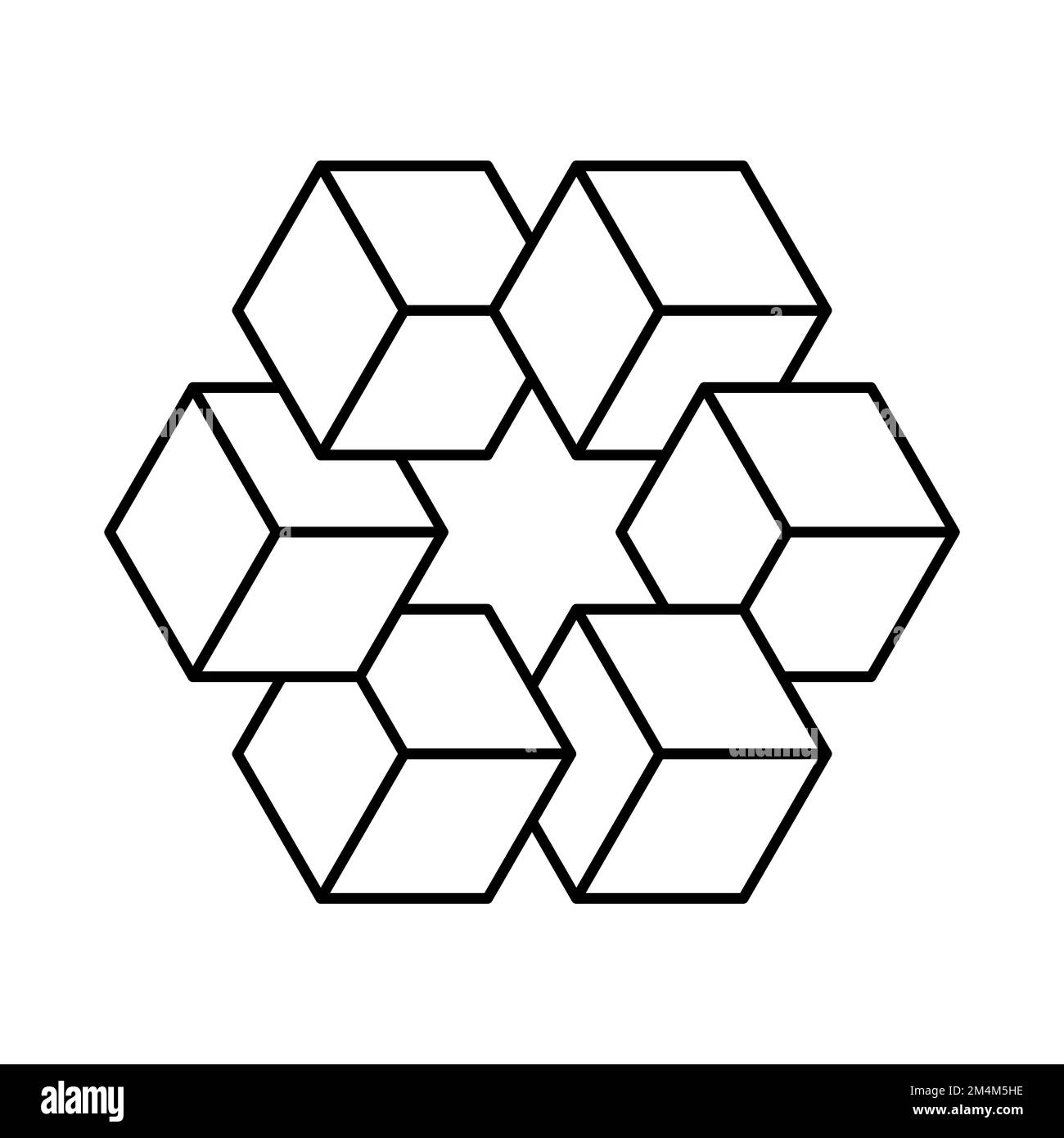 Forma impossibile fatta di cubetti con una stella al centro. I cubi 3D lineari rendono un poligono complesso. Geometria sacra. Logo isometrico. Vettore Illustrazione Vettoriale