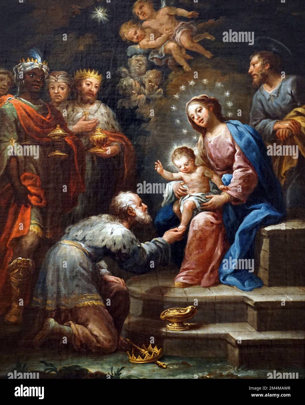 L'Adorazione dei Magi di Jerónimo Ezquerra (1660-1733). Pittore spagnolo. Periodo barocco. La Adoración de los Reyes Magos. Foto Stock