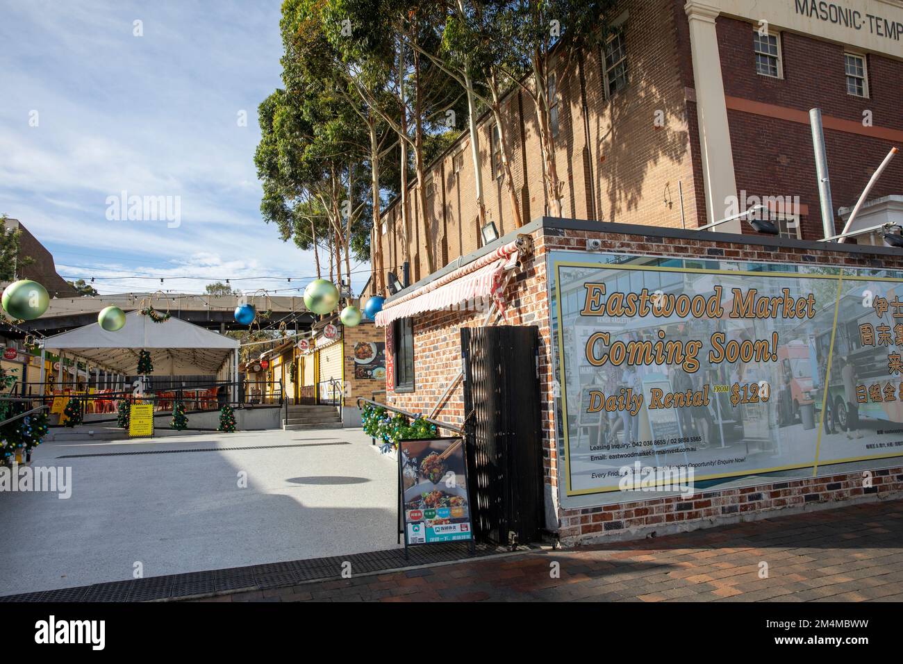 Mercati Eastwood e decorazioni natalizie in mostra, affittare un campo da mercato da $ 120, Sydney, NSW, Australia Foto Stock