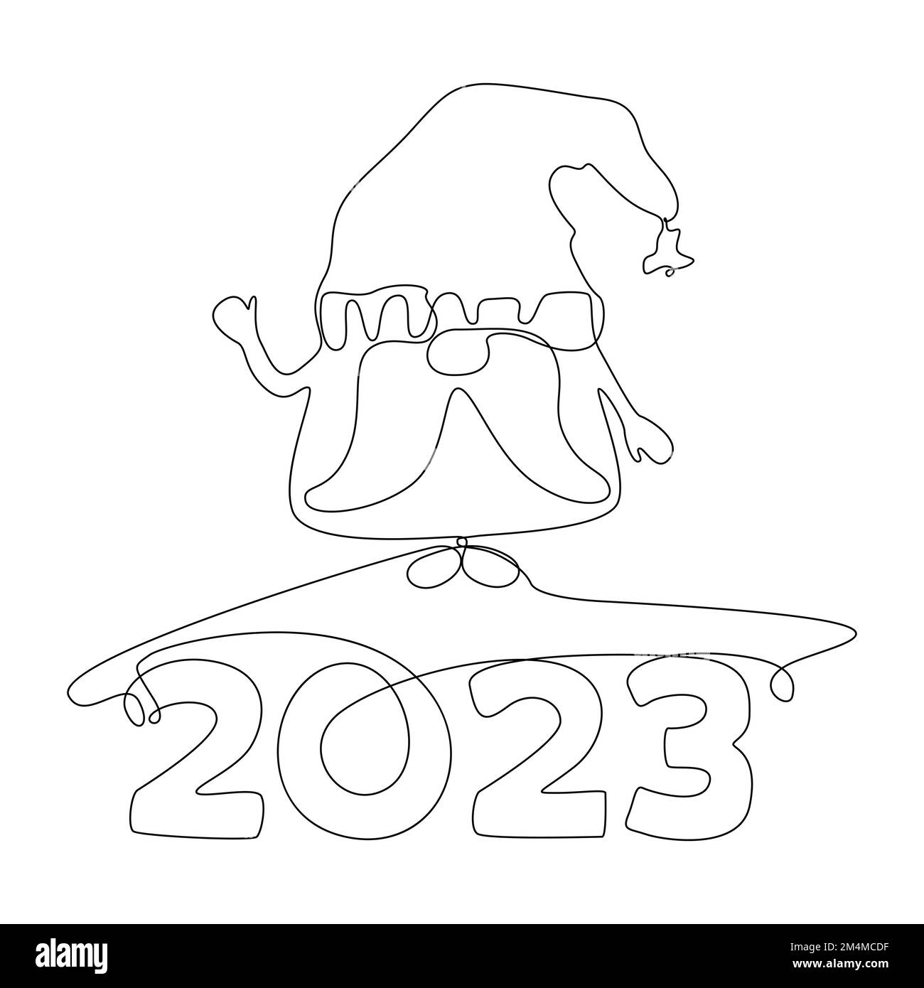 Una linea continua di Gnome con il numero 2023. Concetto di vettore di illustrazione a linea sottile. Disegno di contorno idee creative. Illustrazione Vettoriale