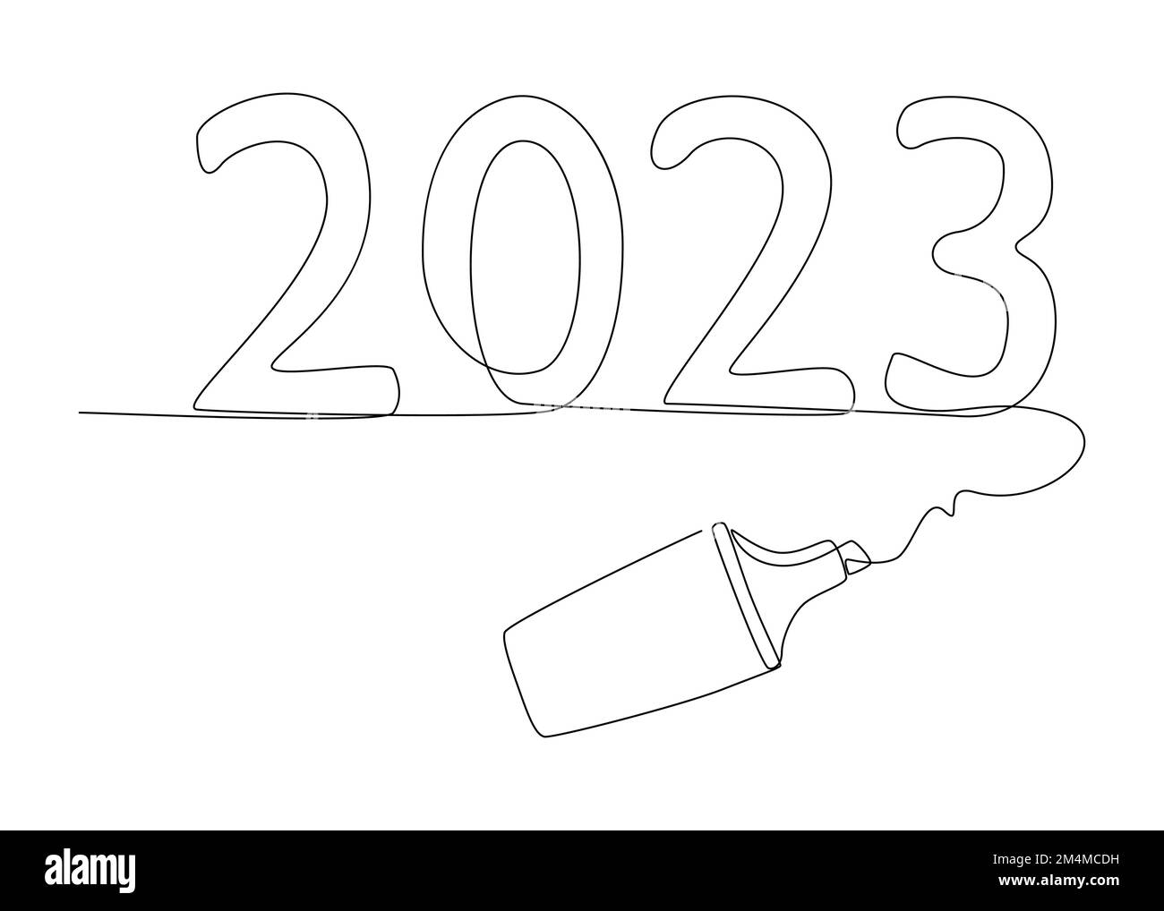 Una riga continua di 2023 numeri scritti con una matita. Concetto di vettore di illustrazione a linea sottile. Disegno di contorno idee creative. Illustrazione Vettoriale