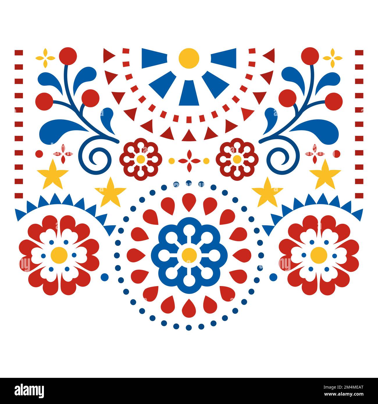 Arte popolare messicana disegno vettoriale con fiori, foglie e forme geomeriche, motivo floreale perfetto per biglietto di auguri o di invito di nozze disegno Illustrazione Vettoriale