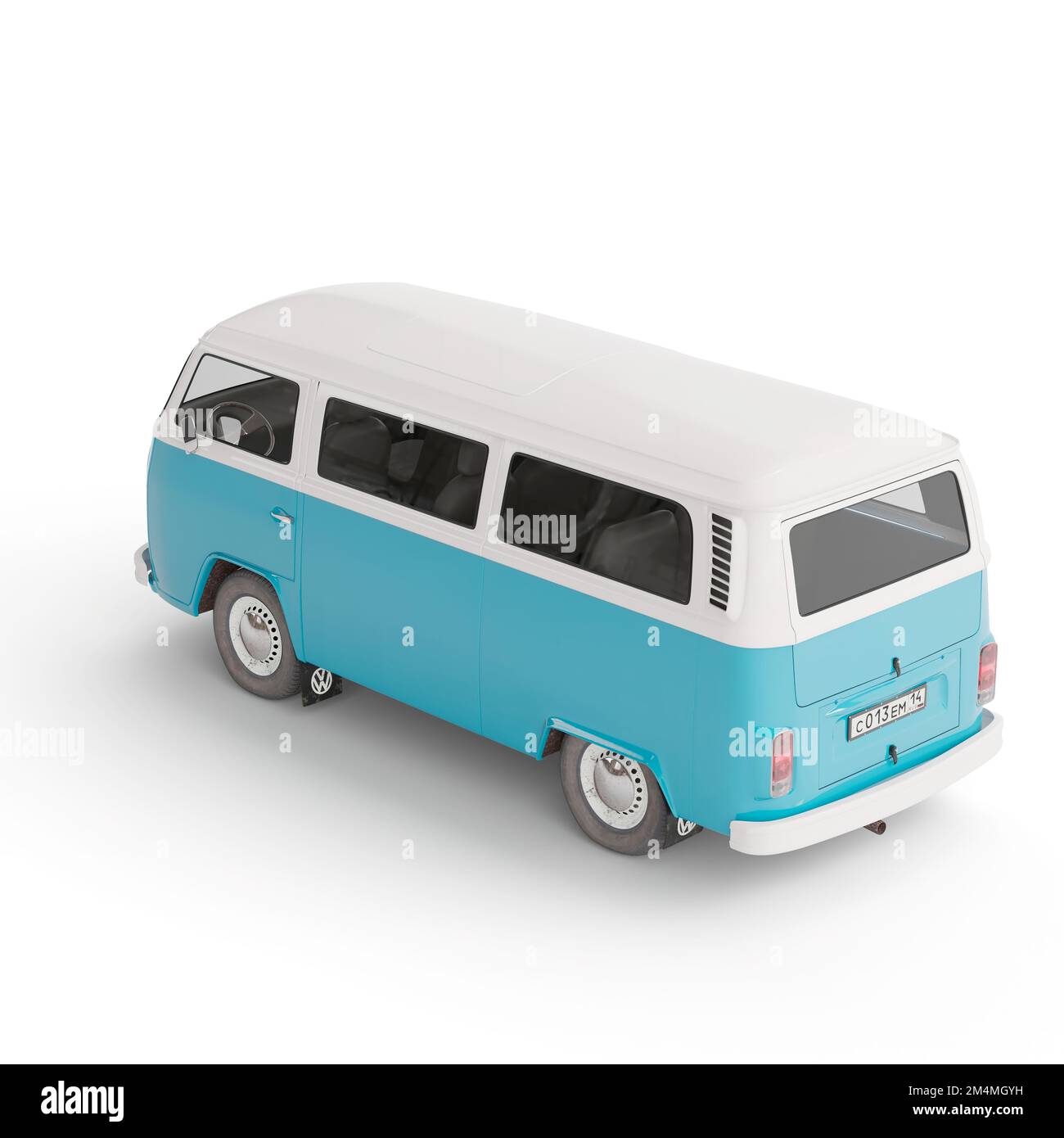 Una rappresentazione 3D di un furgone Volkswagen blu retrò isolato su uno sfondo bianco Foto Stock