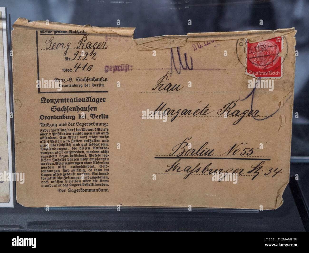 Cartolina inviata dal prigioniero (Georg Prager) a Sachsenhausen nel 1938, Imperial War Museum, Londra, Regno Unito. Foto Stock