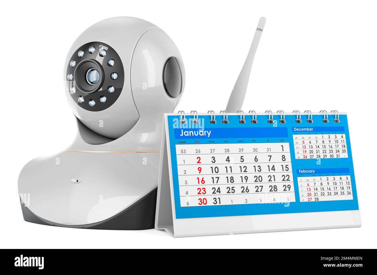 Videocamera Internet Protocol con calendario da tavolo, rendering 3D isolato su sfondo bianco Foto Stock