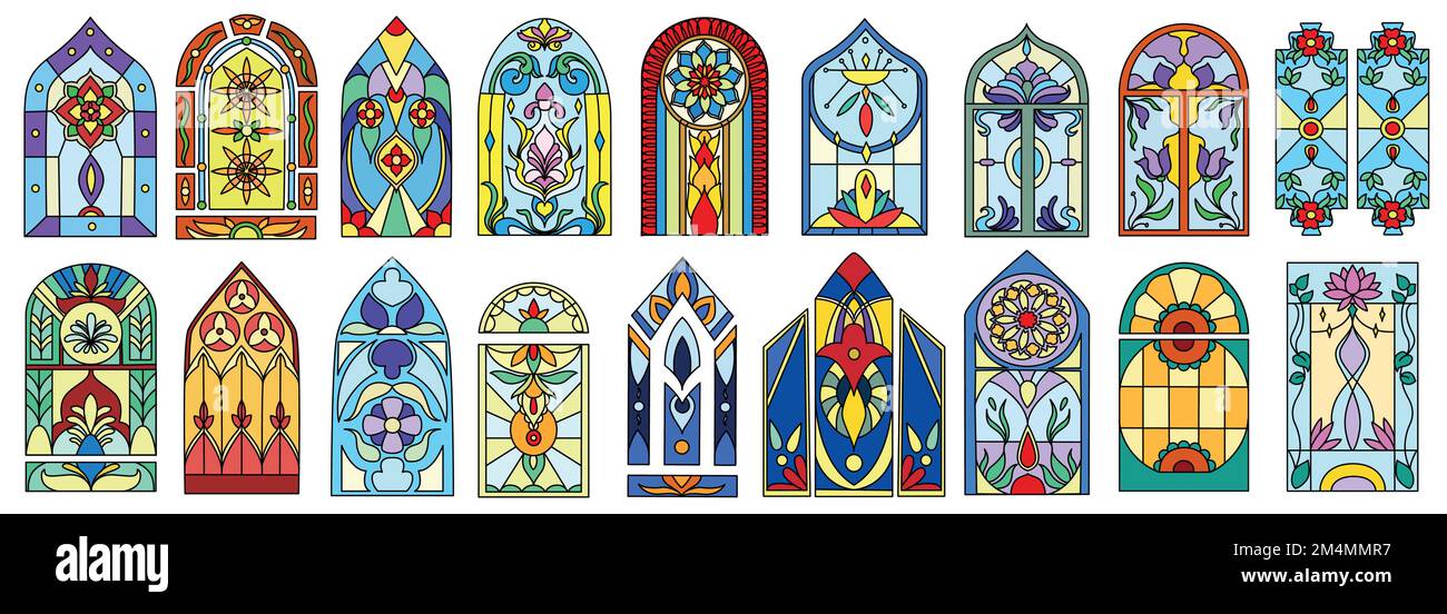 Set piatto di colorate vetrate di edifici di chiese d'epoca. Decorazioni a mosaico gotiche colorate per l'interno della cattedrale cattolica, del castello, dell'antica cappella, del palazzo o della casa religiosa. Illustrazione Vettoriale