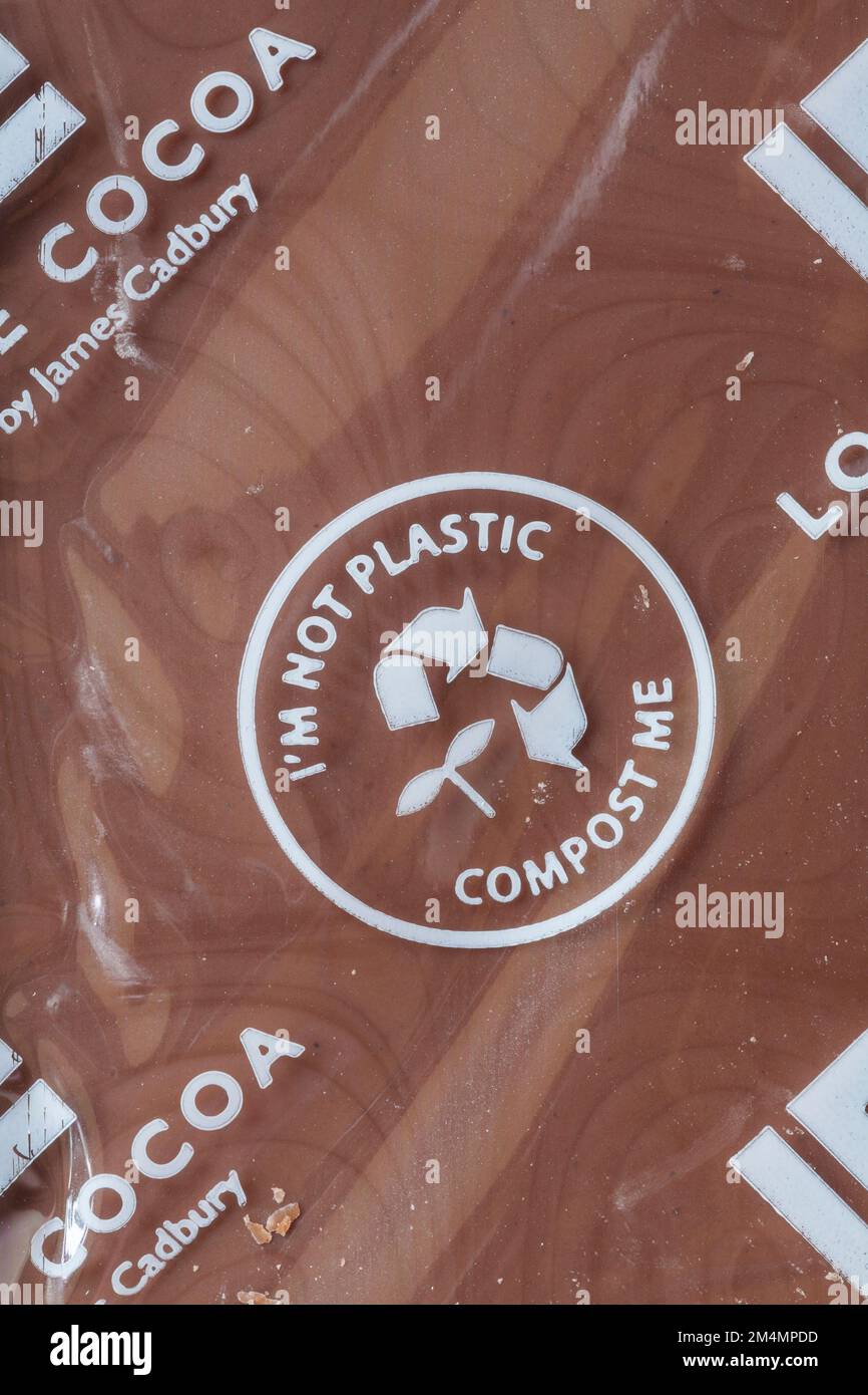 Io non sono compost di plastica me simbolo particolare su Love Cocoa di James Cadbury salato caramello cioccolato bar Foto Stock