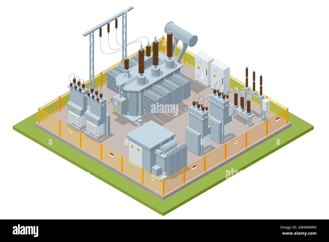 Trasformatore isometrico . Catena di distribuzione della fabbrica di energia elettrica. Icona set isolato sottostazione energia. Centrale elettrica ad alta tensione. Illustrazione Vettoriale