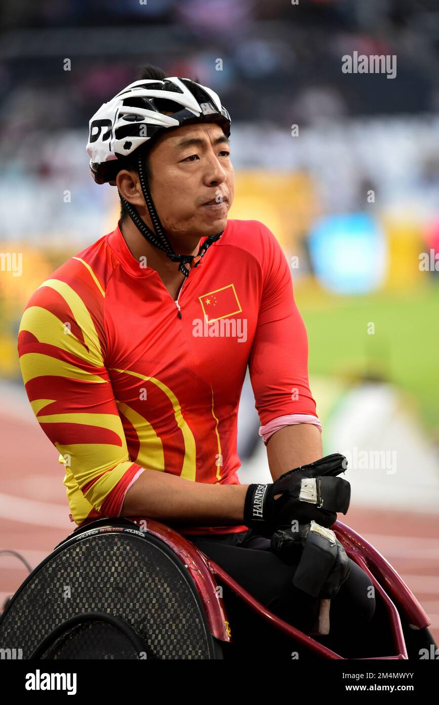 ChengMing Liu gareggerà nella gara di carrozzella T54 800m al World Para Athletics Championships, London Stadium, Regno Unito. Atleta cinese su sedia a rotelle Foto Stock