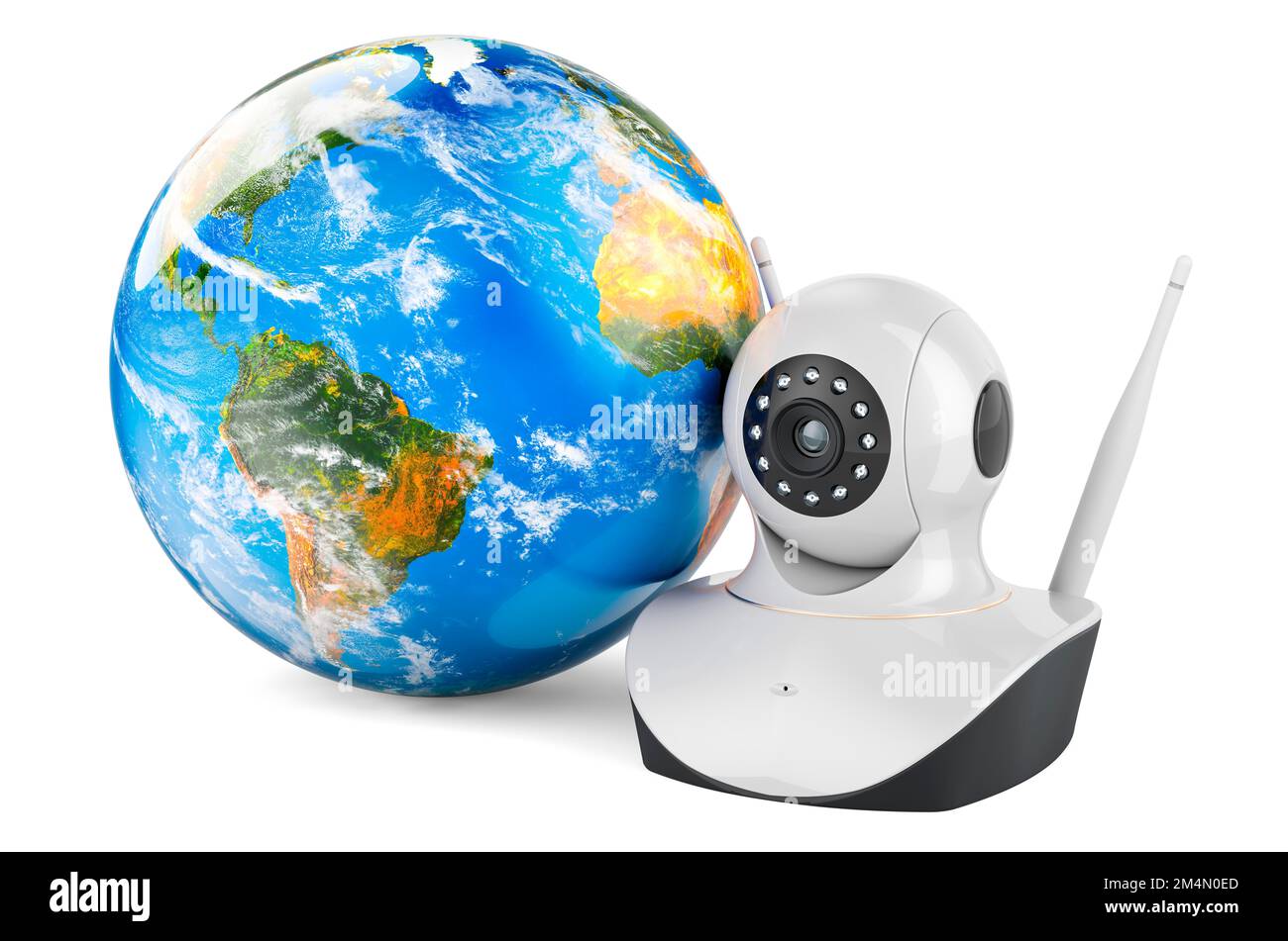 Videocamera Internet Protocol con Earth Globe, rendering 3D isolato su sfondo bianco Foto Stock