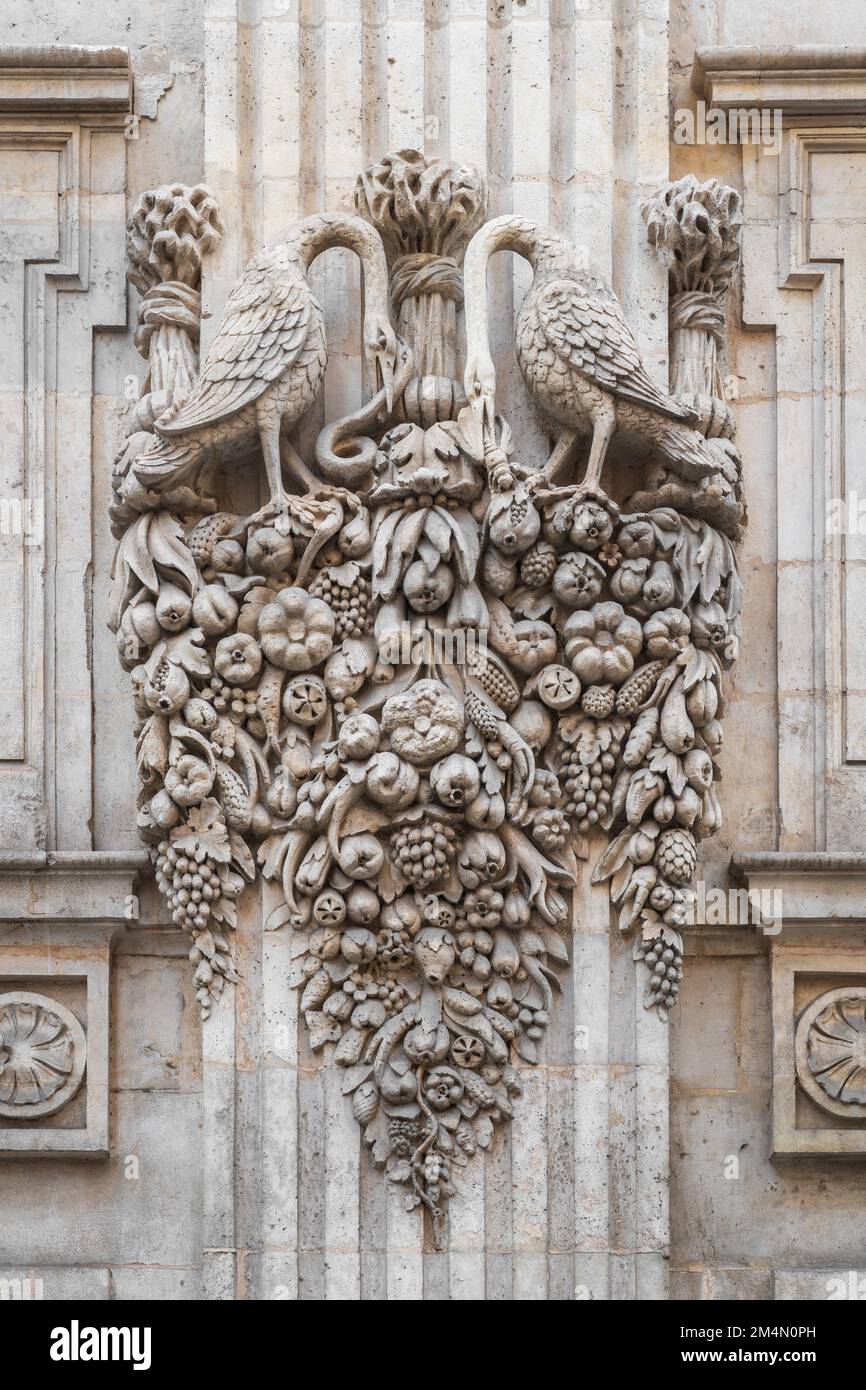 Vista su decorazioni in pietra di uccelli con una ghirlanda di frutta sulla facciata dell'Hotel de Bagis aka Hotel de Clary o dell'Hotel de pierre, Tolosa, Francia Foto Stock