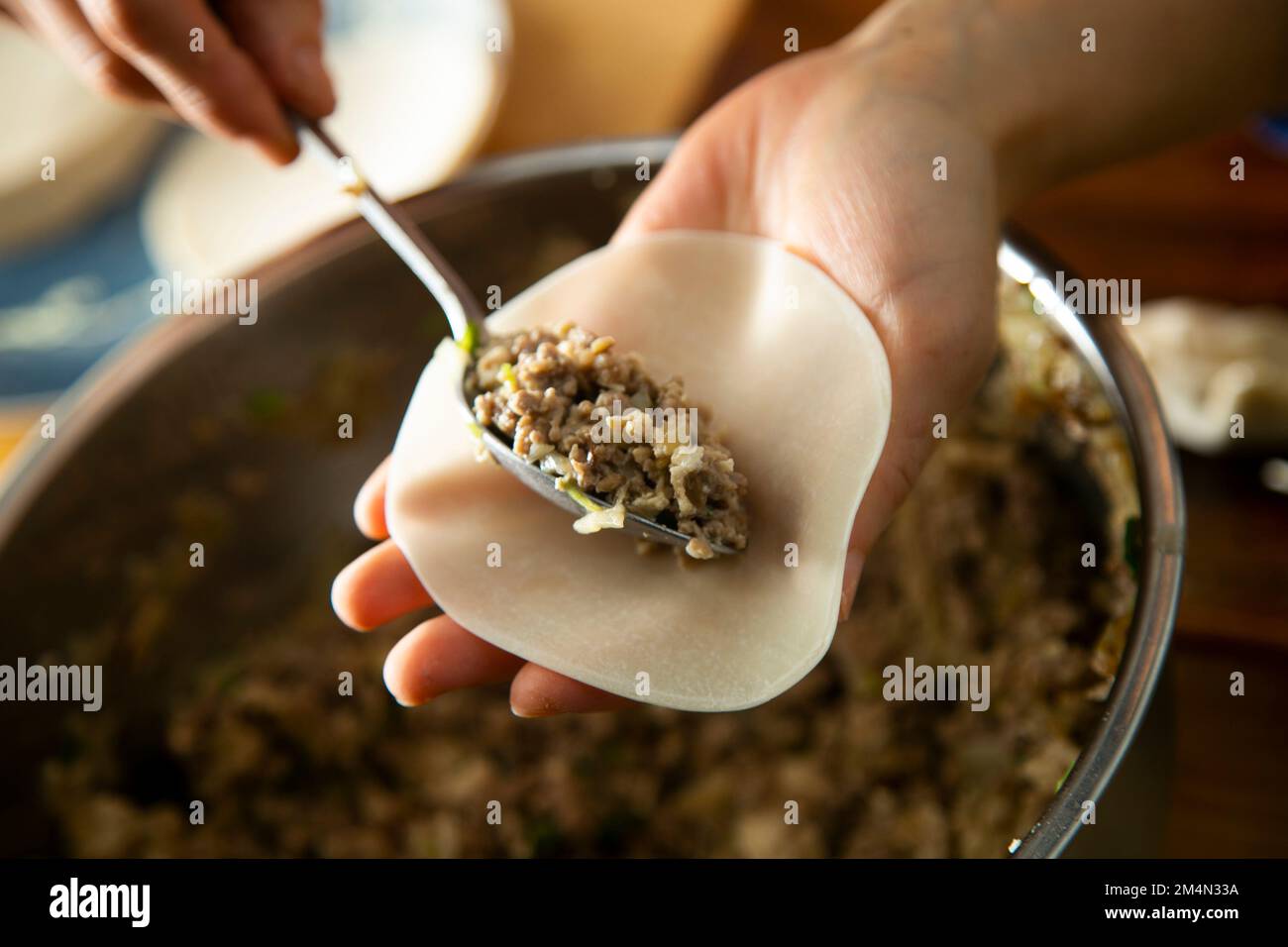 Gyozas, gnocchi giapponesi. Le gyozas tradizionali sono riempite con carne e verdure macinate, ma possiamo anche trovarle con gamberi o verdure. Foto Stock