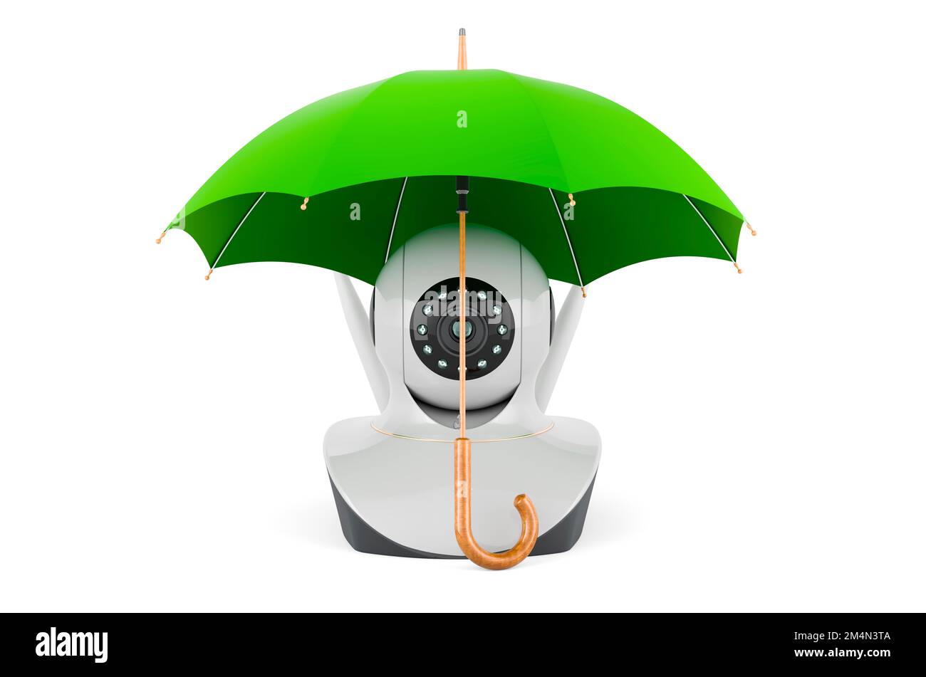 Videocamera con protocollo Internet sotto l'ombrello, rendering 3D isolato su sfondo bianco Foto Stock