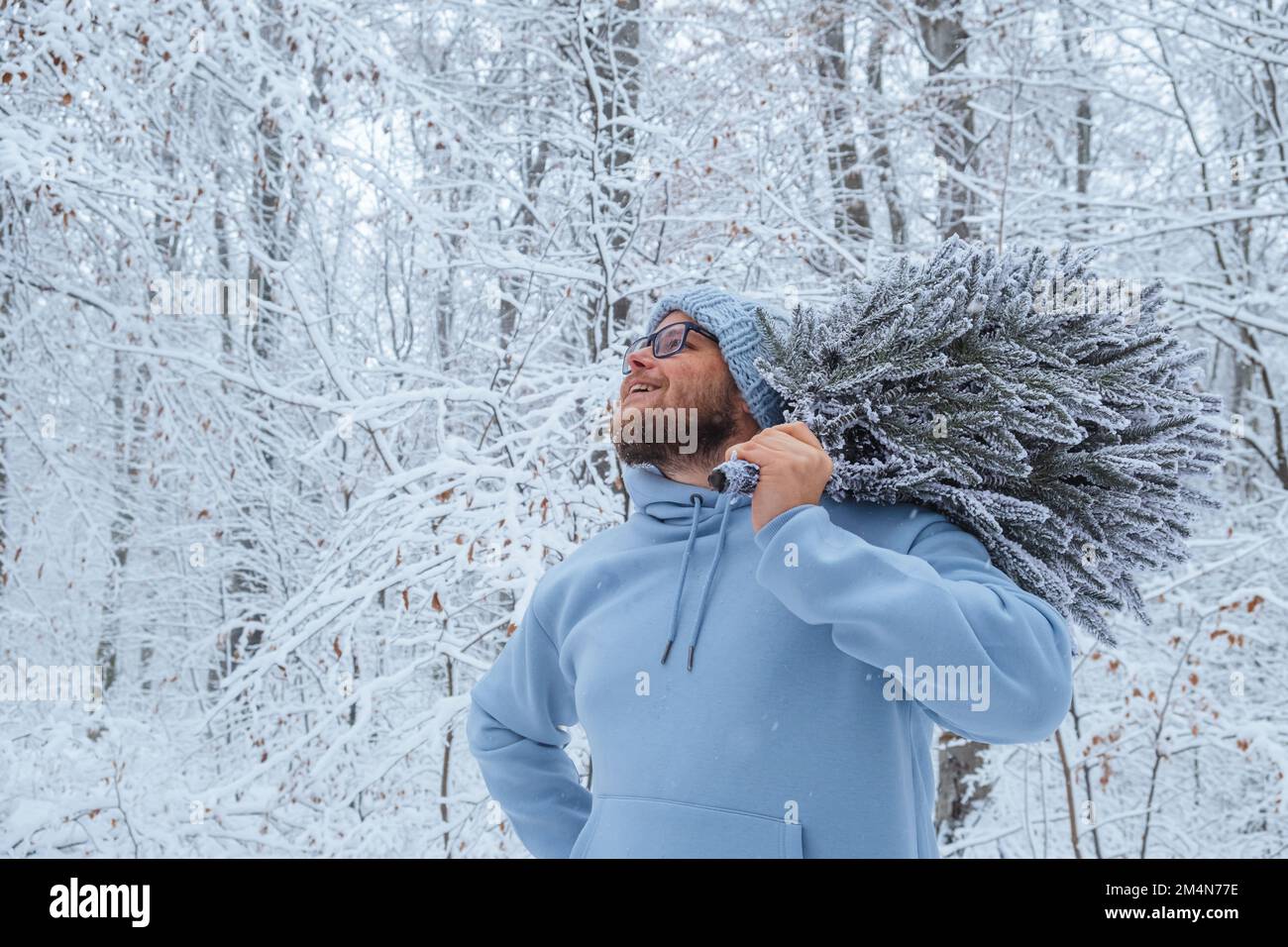 Un uomo bearded in un cappello tiene un albero nevoso di Natale in una foresta di inverno e guarda in su Foto Stock