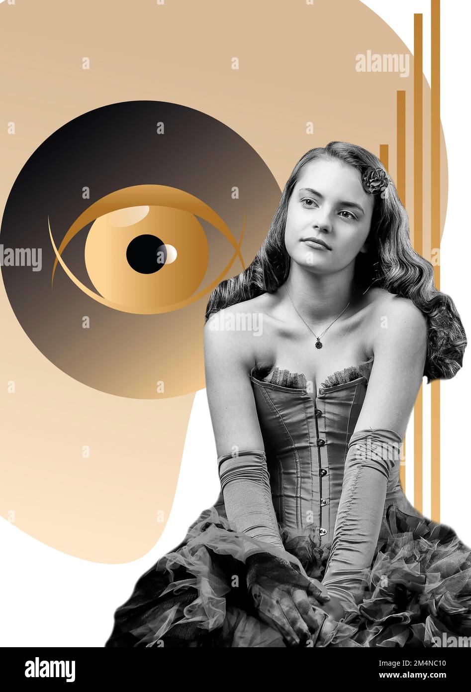Collage d'arte contemporanea. Ragazza del passato in guanti lunghi, attorno a figure astratte e lussuose e un grande occhio Foto Stock