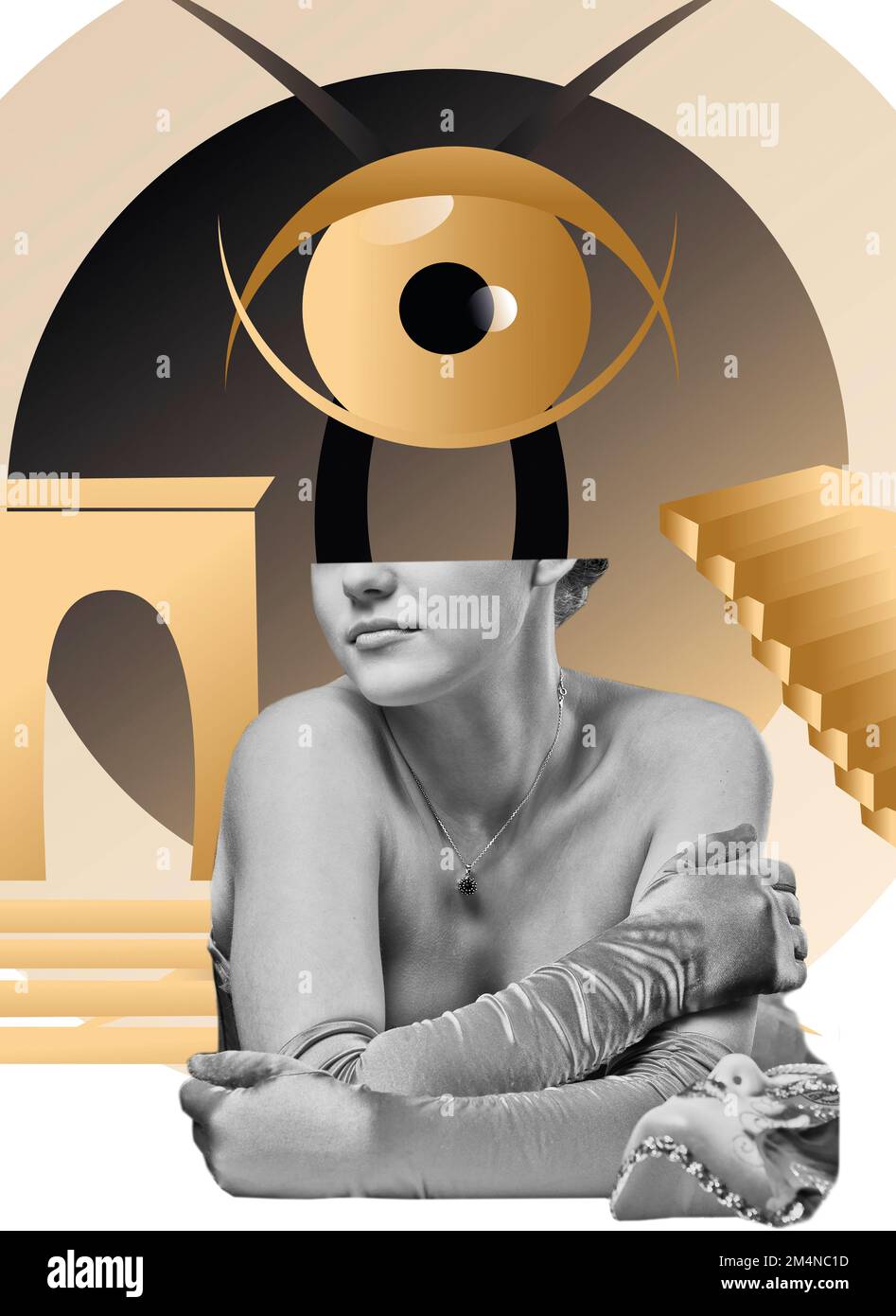 Collage d'arte contemporanea. Ragazza del passato in guanti lunghi, attorno a figure astratte e lussuose e un grande occhio Foto Stock