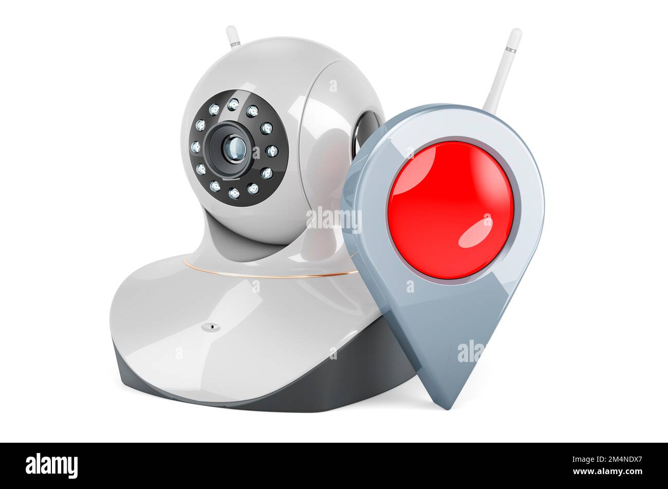 Videocamera Internet Protocol con puntatore mappa. 3D rendering isolato su sfondo bianco Foto Stock