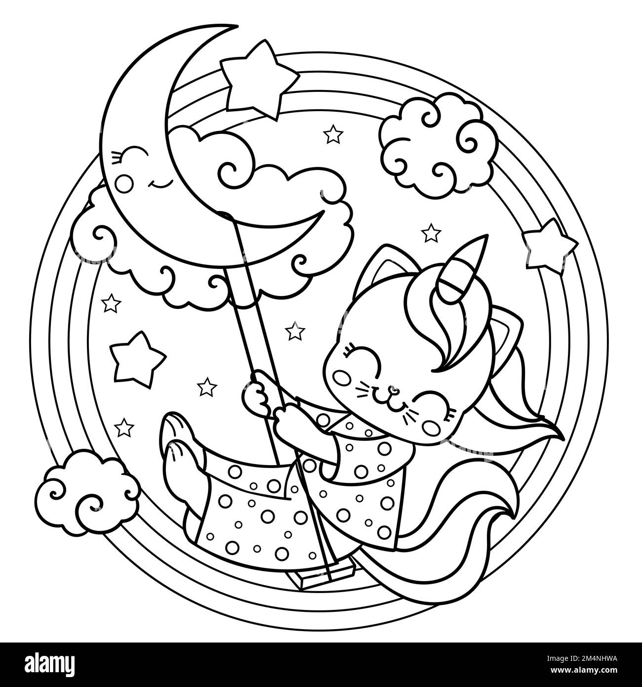 Gatto unicorno che oscilla sulla luna. Immagine lineare in bianco e nero. Vettore Illustrazione Vettoriale