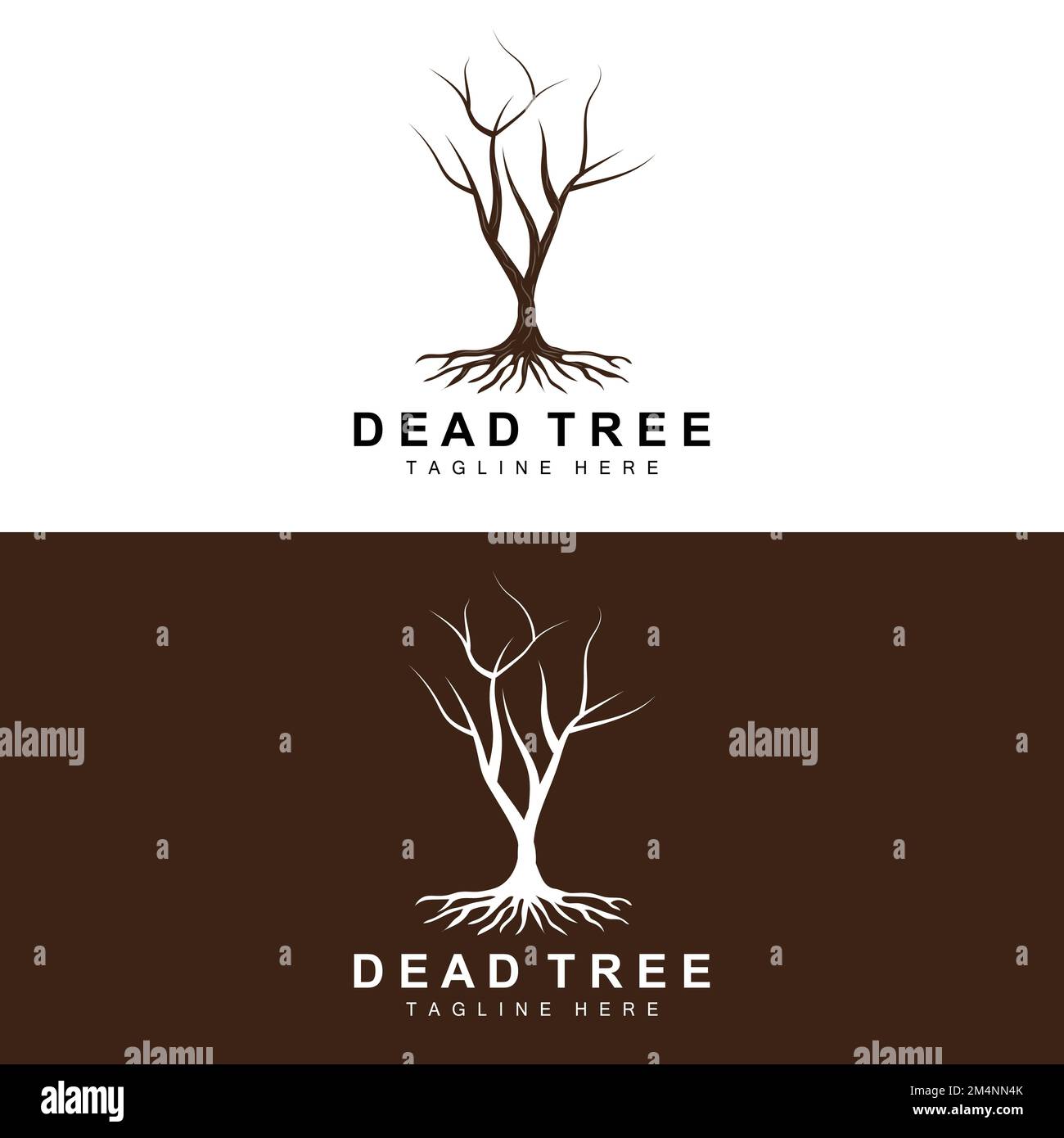 Disegno del marchio dell'albero, illustrazione dell'albero morto, taglio dell'albero selvaggio, vettore di riscaldamento globale, siccità della terra, Icone del marchio del prodotto Illustrazione Vettoriale