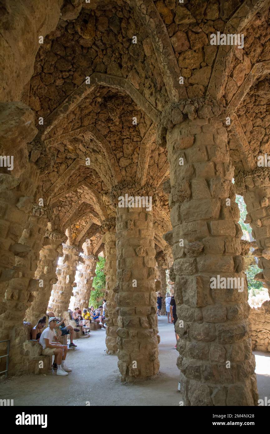 Creazioni di Gaudi nel Parco Guell, a Barcellona, Spagna Foto Stock