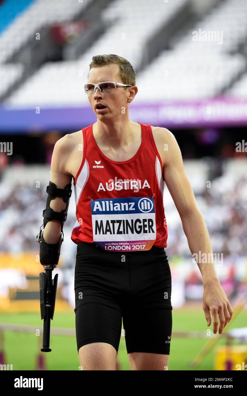 Gunther Matzinger dopo aver gareggiato nella T47 200m al World Para Athletics Championships 2017, London Stadium, Regno Unito. Atleta para austriaco Foto Stock
