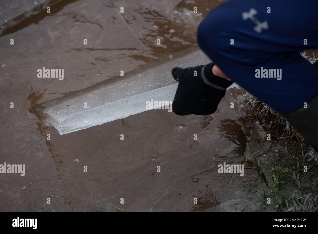 Un ragazzo adolescente rimuove un pezzo di ghiaccio spesso da un lago ghiacciato durante il recente clima freddo nella nuova foresta Hampshire Regno Unito. Foto Stock