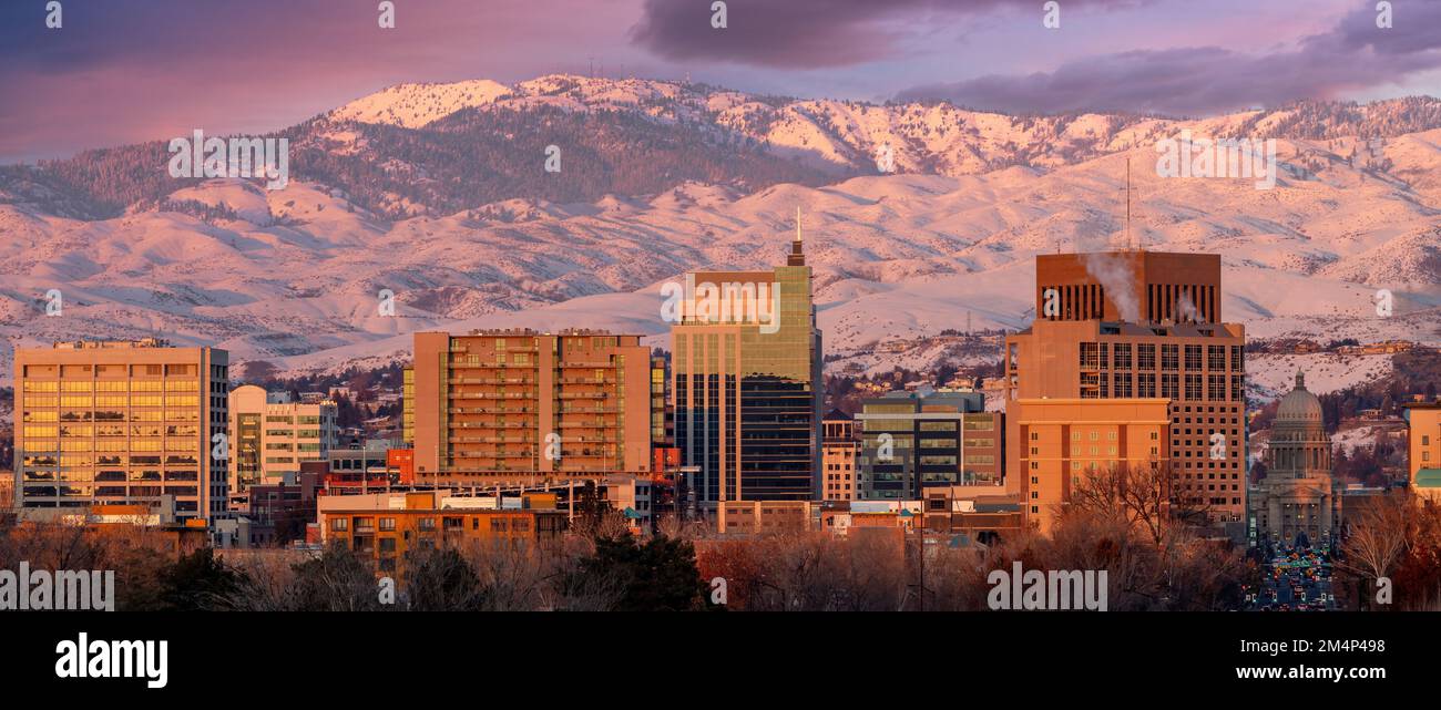 Inverno a Boise Idaho tramonto sullo skyline Foto Stock