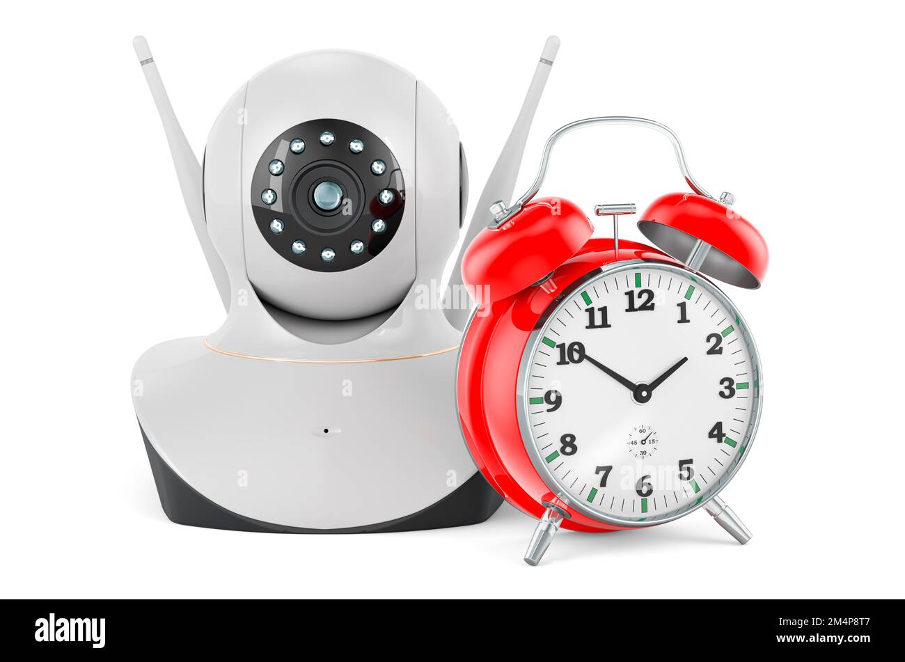 Videocamera Internet Protocol con sveglia, rendering 3D isolato su sfondo bianco Foto Stock