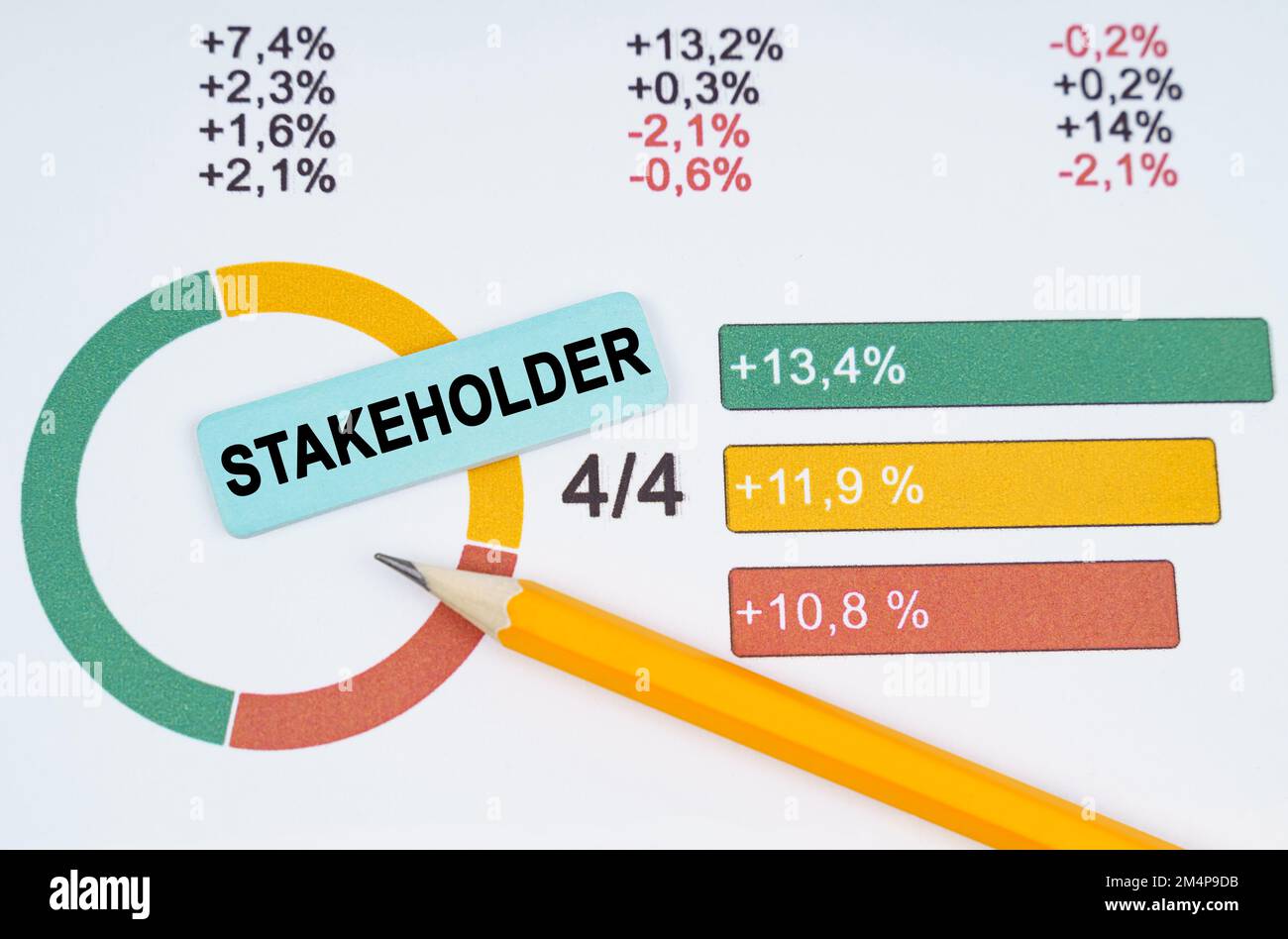Concetto aziendale. Sul diagramma aziendale sono presenti una penna e un adesivo con l'iscrizione Stakeholder Foto Stock