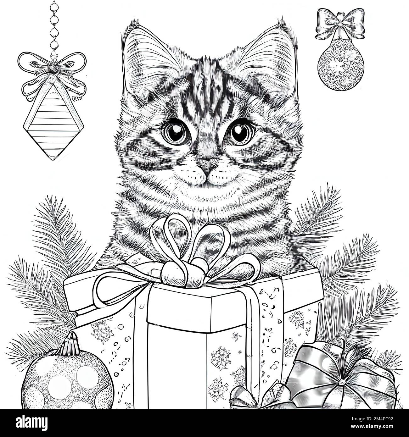 un gatto con un regalo di natale nelle sue zampe e un ornamento di natale appeso all'albero dietro di esso Foto stock - Alamy