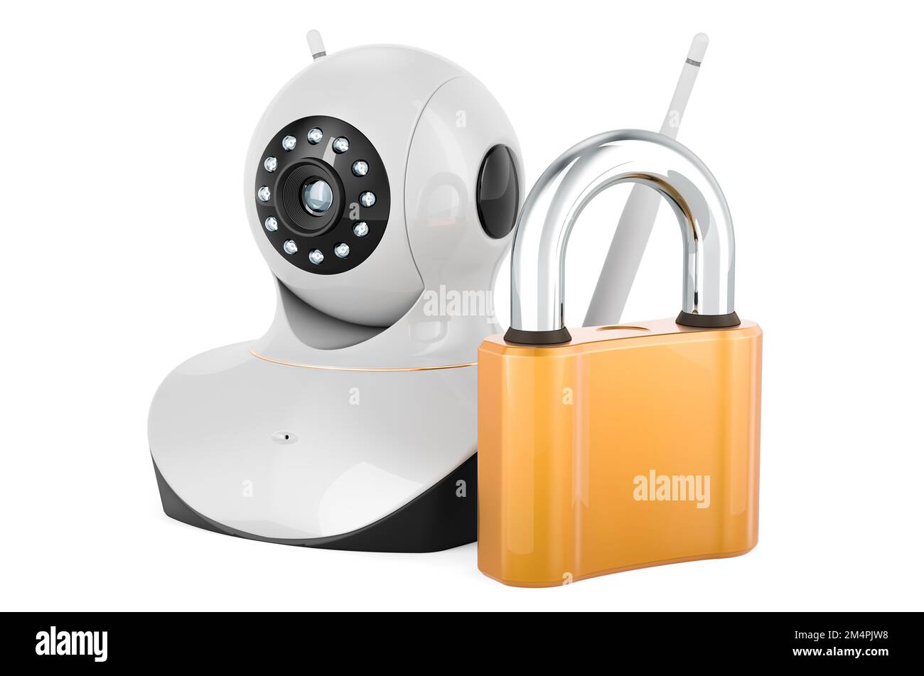 Videocamera Internet Protocol con lucchetto, rendering 3D isolato su sfondo bianco Foto Stock
