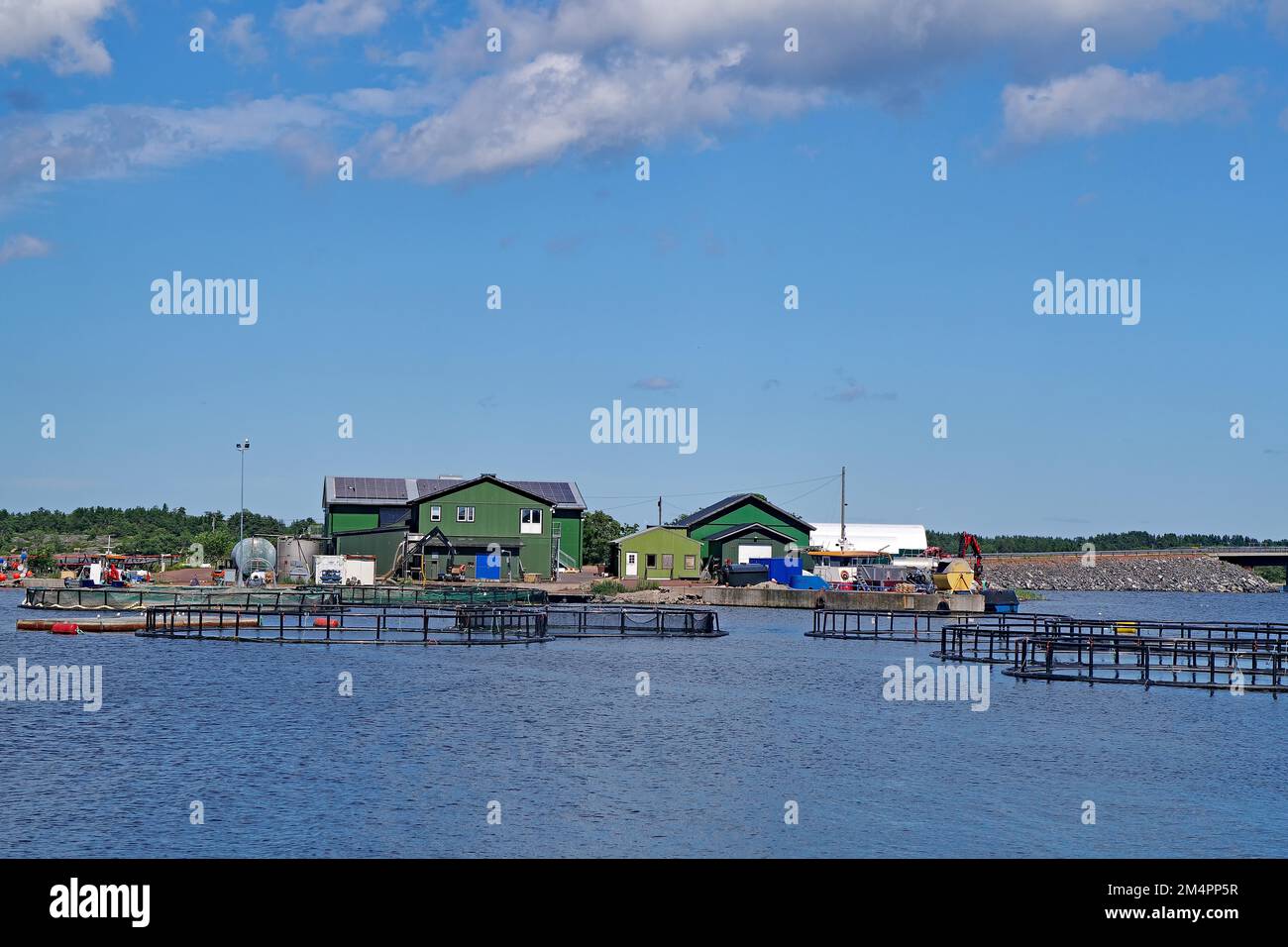 Aziende di allevamento ittico nelle acque del Mar Baltico, allevamenti di salmone, regione autonoma, isole Aland, Finlandia Foto Stock