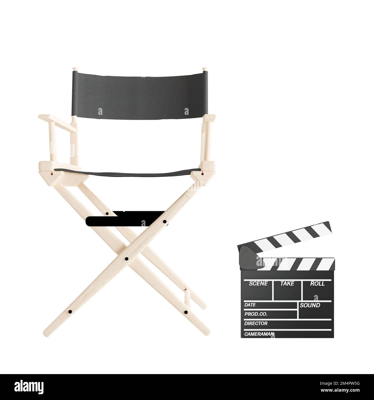 Un'illustrazione 3D di una sedia da studio e di una scheda di un film clap isolato su uno sfondo bianco Foto Stock