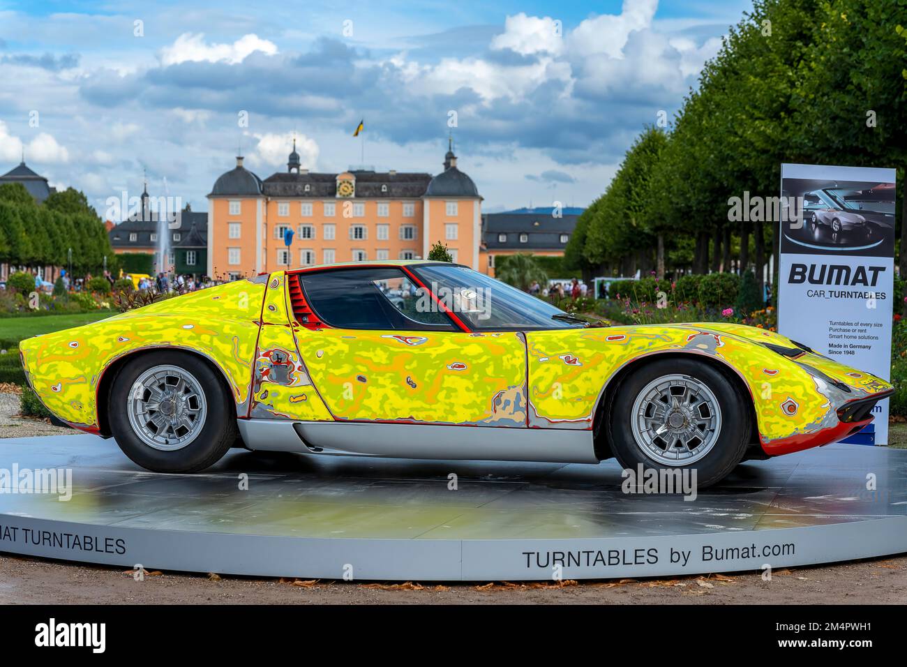 Vintage Lamborghini P 400 Miura, Italia 1967, V12 cilindri, 3. 929 ccm, 350 cv, 5 marce, 980 kg, 260 km/h, Giallo, Gala classica, Internazionale Foto Stock