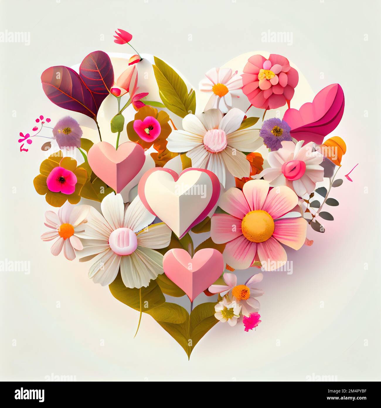 una disposizione a forma di cuore di fiori e cuori su uno sfondo bianco con  un bordo bianco intorno ad esso e un cuore rosa Foto stock - Alamy