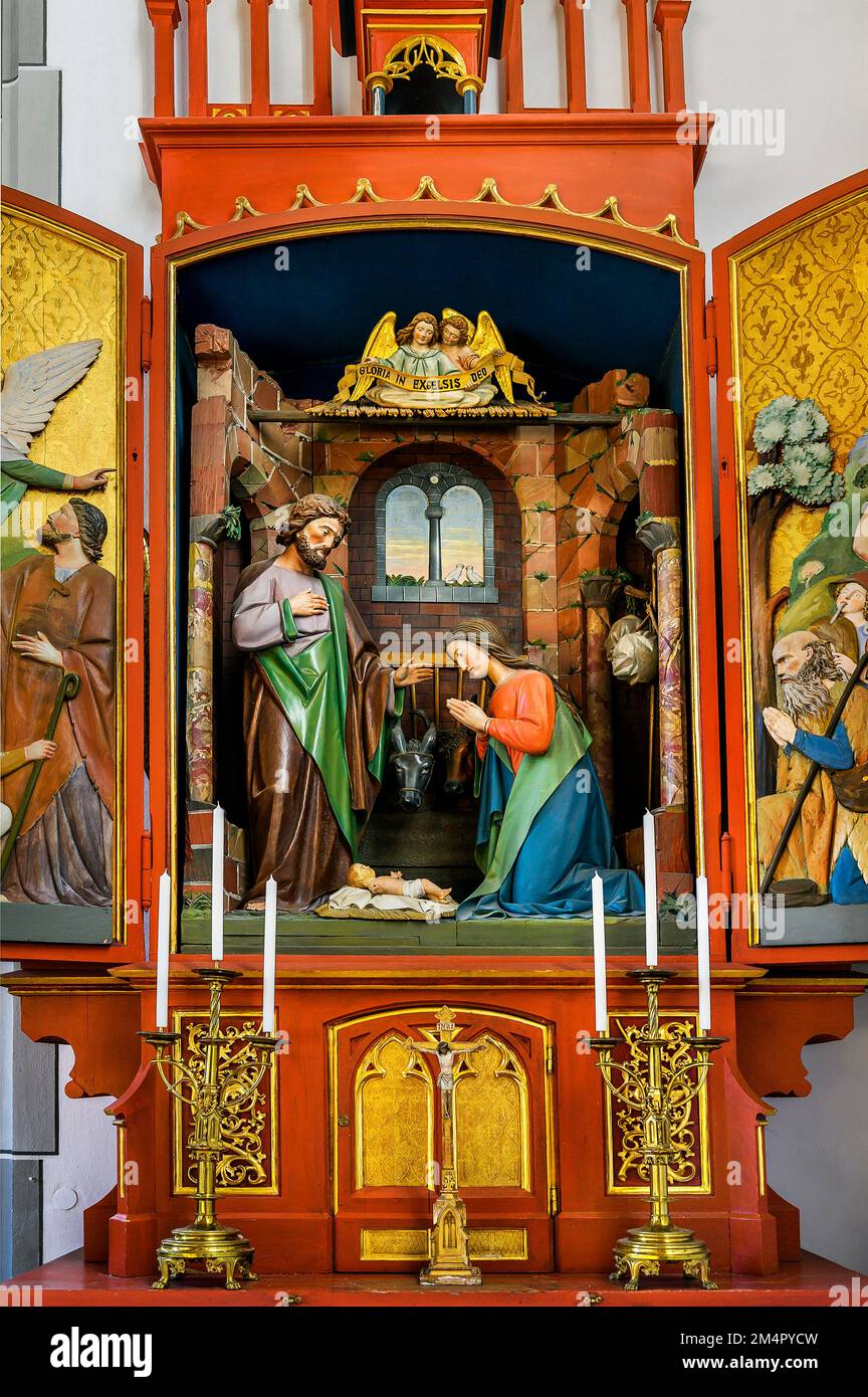 Particolare, altare laterale, Maria, Giuseppe e Gesù Bambino, San Chiesa parrocchiale cattolica Giovanni Battista, Oberstdorf, Allgaeu, Baviera, Germania Foto Stock