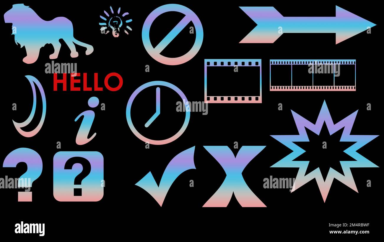 Vari simboli, segni e segni con riempimento sfumato isolato su sfondo nero Foto Stock