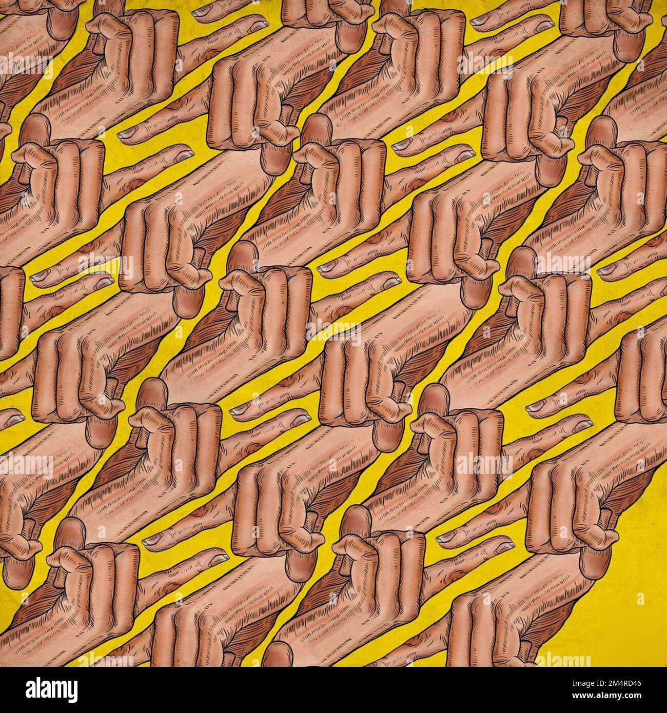 Un'illustrazione di molte mani con un verso-punta le dita - concetto di pressione pubblica Foto Stock