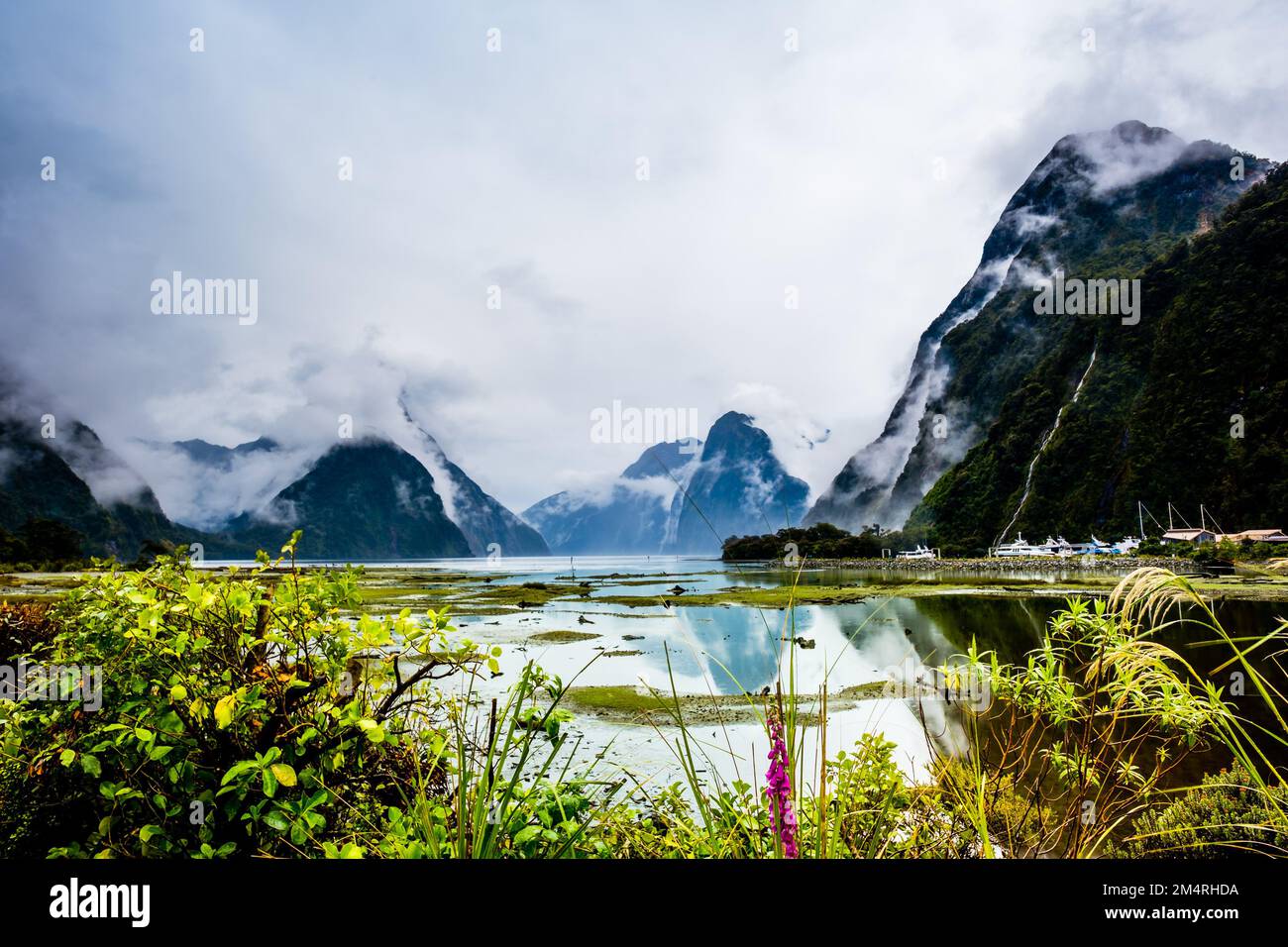 Cascata che si riversa nel Milford Sound Foto Stock