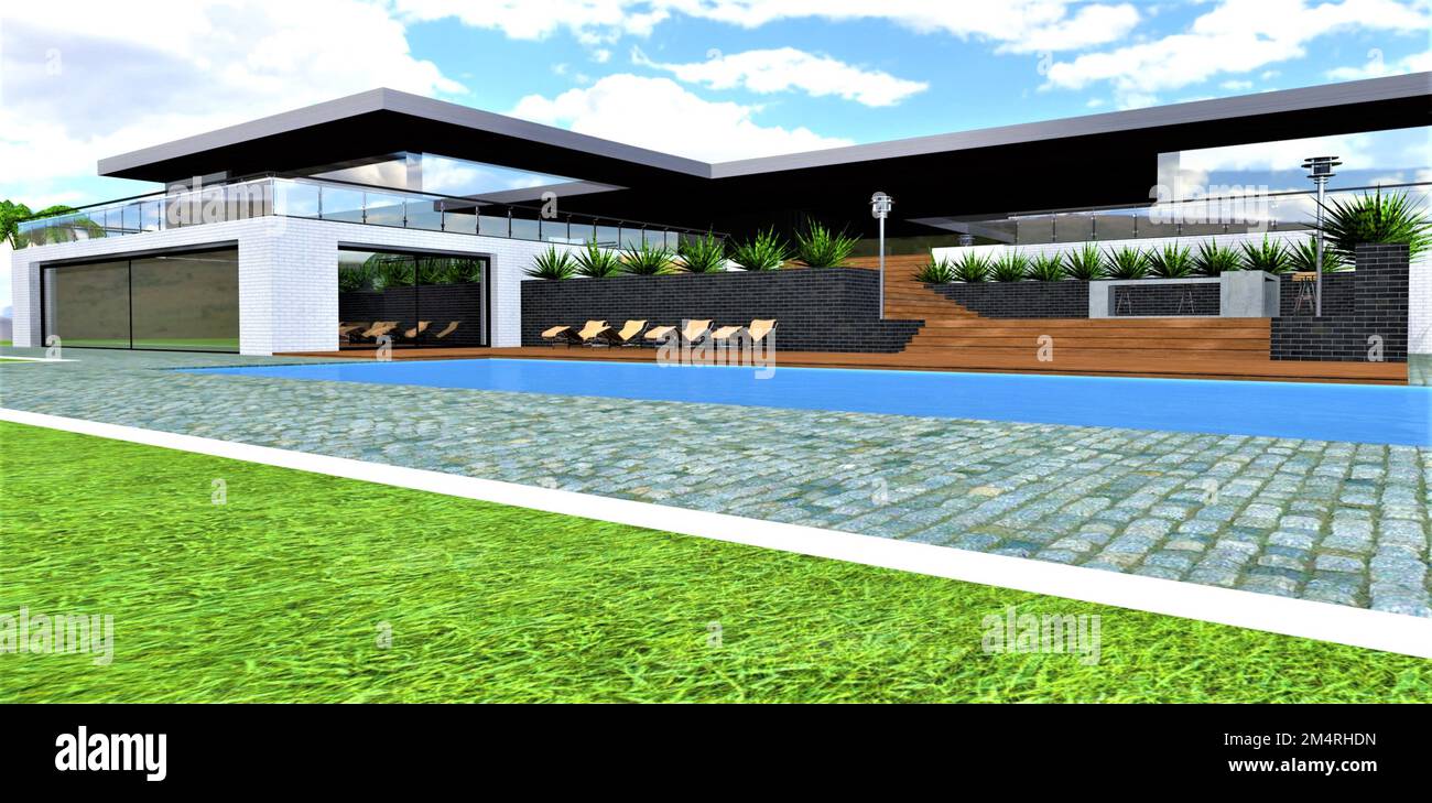 Una meravigliosa combinazione di finiture in mattoni bianchi e neri per le pareti dell'area ricreativa di un'elegante casa privata con piscina. 3d ren Foto Stock Una meravigliosa combinazione di finiture in mattoni bianchi e neri per le pareti dell'area ricreativa di un'elegante casa privata con piscina. 3d ren Foto Stock