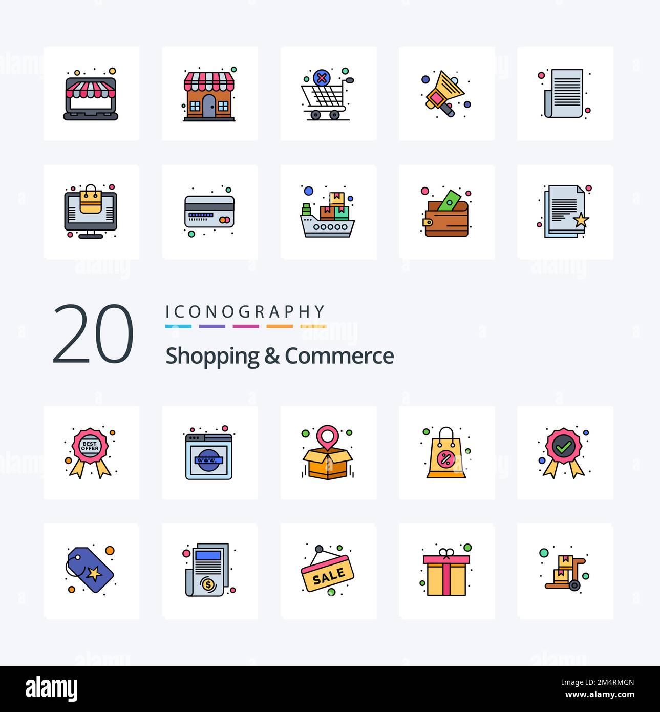 20 Shopping e Commercio linea riempito colore icona Pack come badge vendita World wide web shopping bag Illustrazione Vettoriale