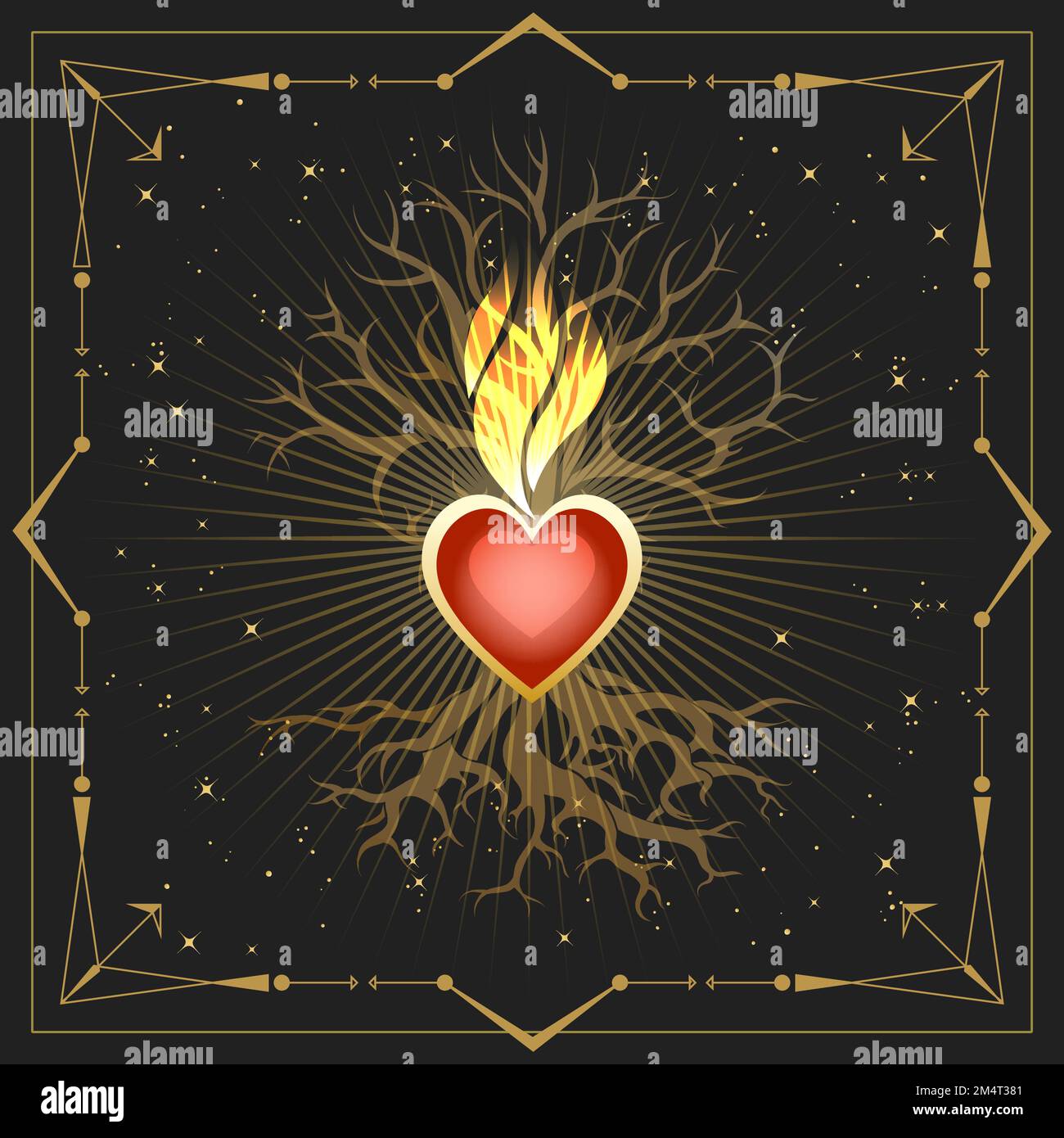 Emblema di Flaming Heart e Tree Medieval emblema astrologico isolato su sfondo nero. Illustrazione vettoriale Illustrazione Vettoriale